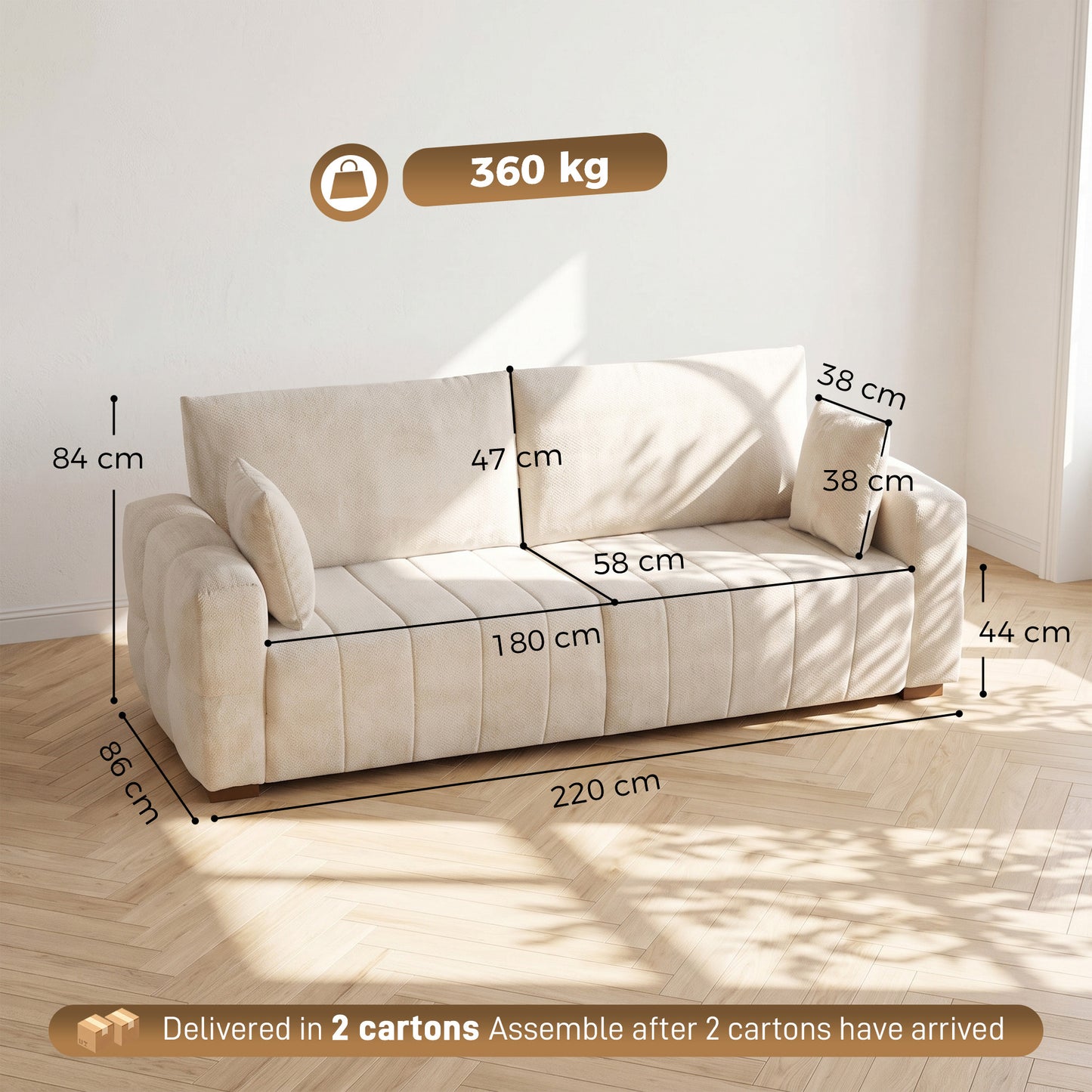 HOMCOM 3 Seater Sofa, Upholstered Velvet Couch for Bedroom with Pillows, Padded Cushion and Wood Legs, Cream White