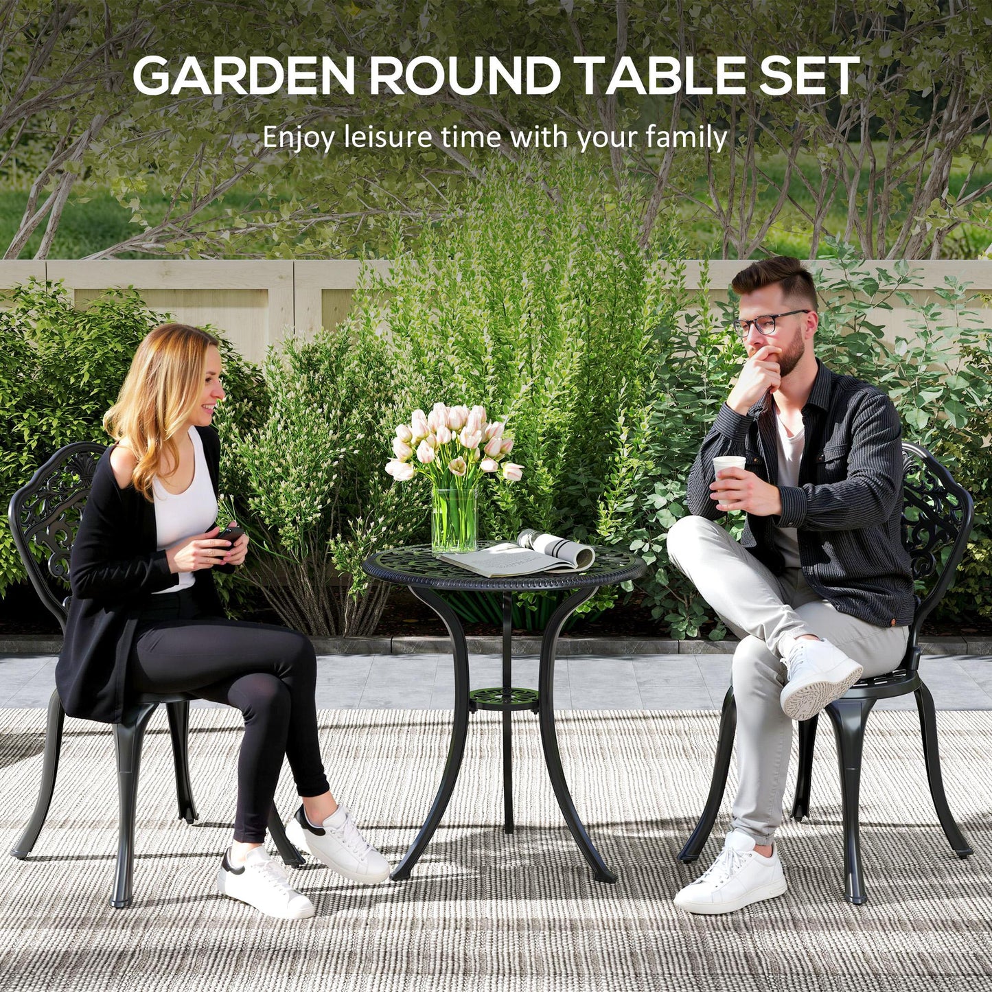 Outsunny 3 Piece Cast Aluminium Bistro Set for 2, Outdoor Table & 2 Chairs with Parasol Hole, Black