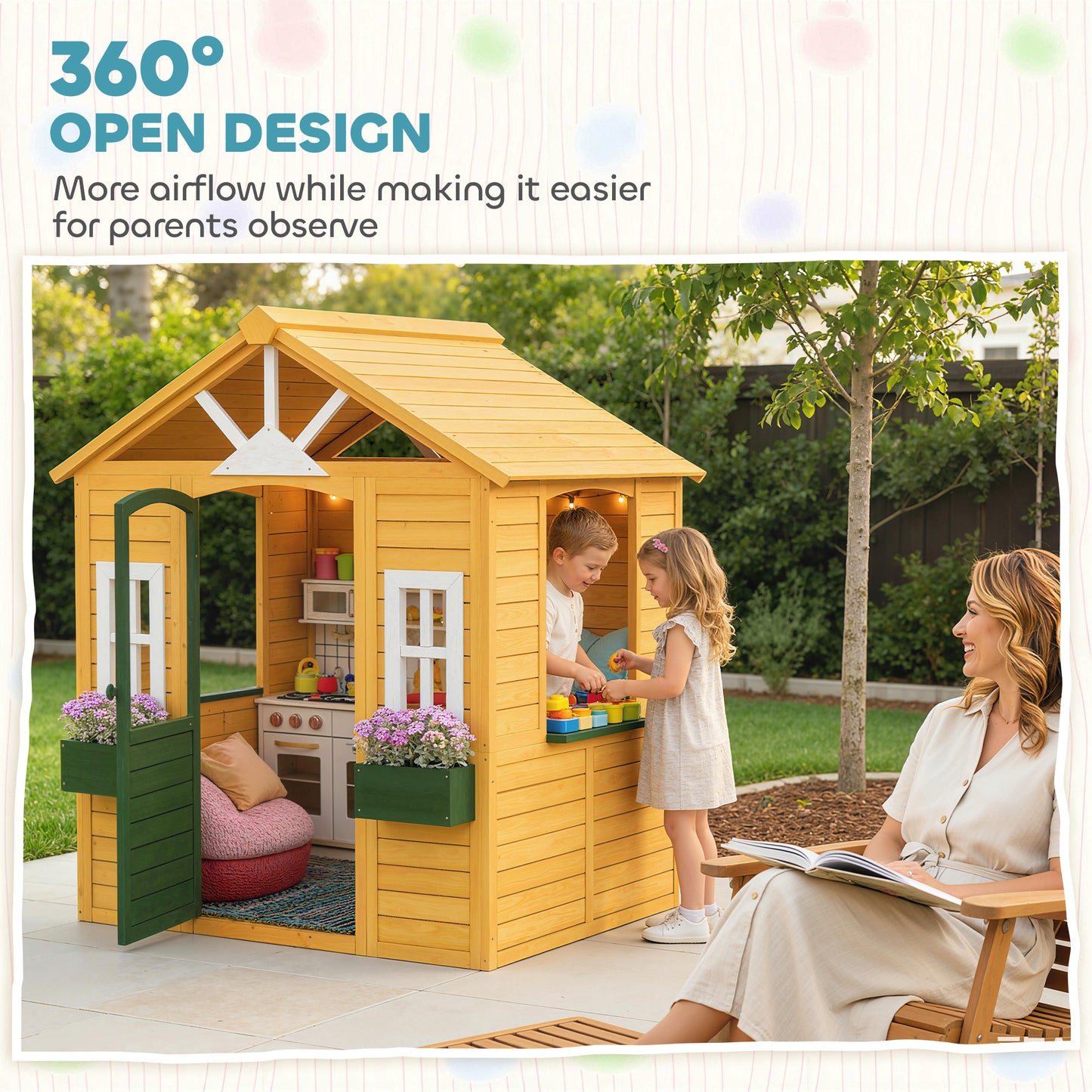 AIYAPLAY Outdoor Kids Playhouse, Wooden Wendy House with Door, 3 Windows, 2 Flower Boxes for Garden, Indoor Playroom