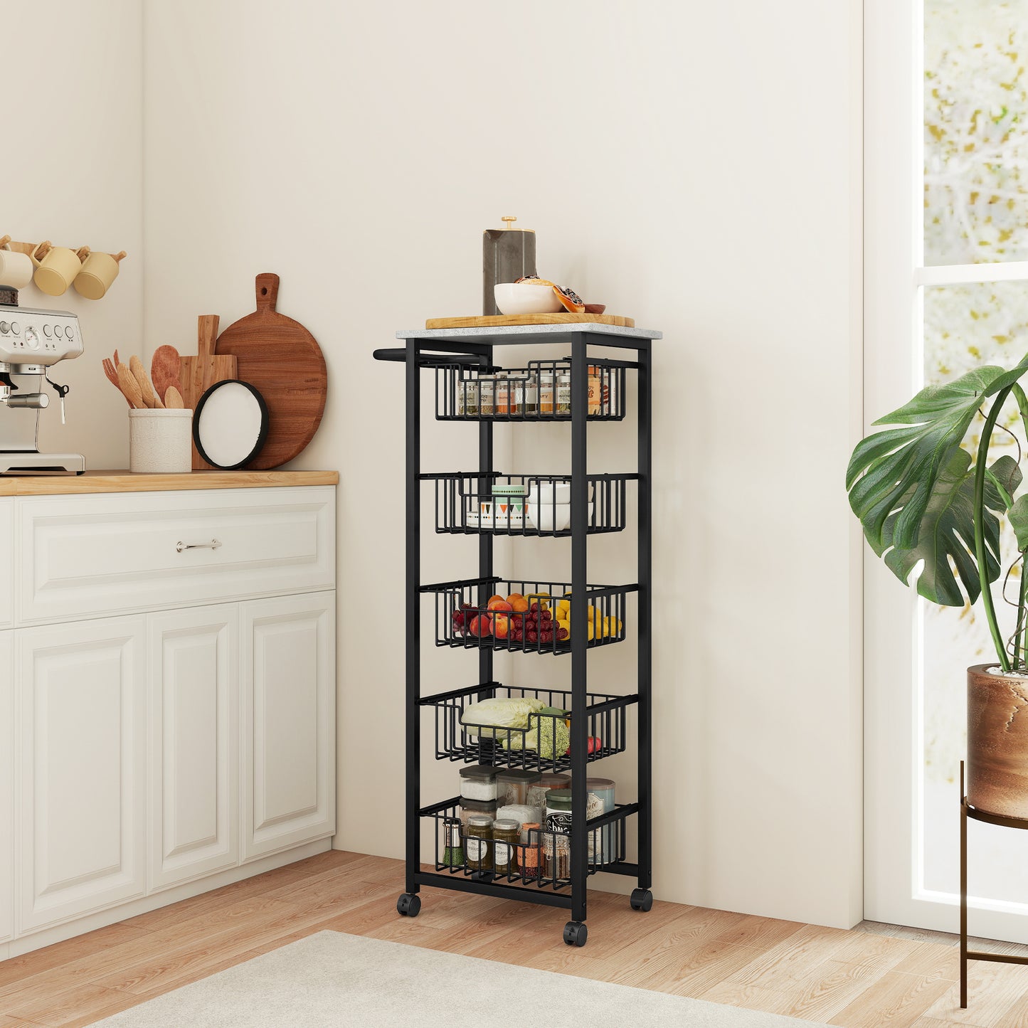 HOMCOM Five Basket Mobile Kitchen Island, with Brakes - Grey/Black