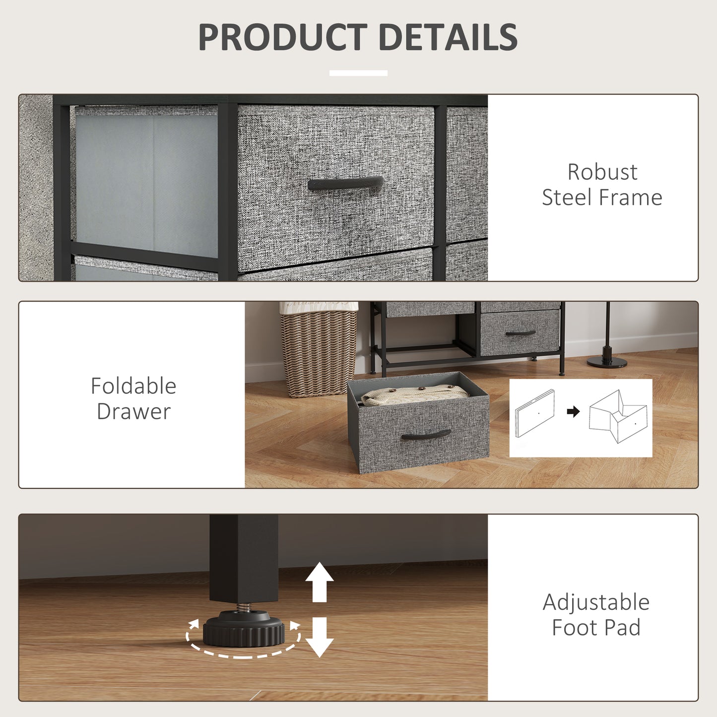 HOMCOM Fabric Chest of Drawers, Industrial Dresser with 8 Drawers, Steel Frame, Wooden Top for Nursery, Living Room, Hallway, Black