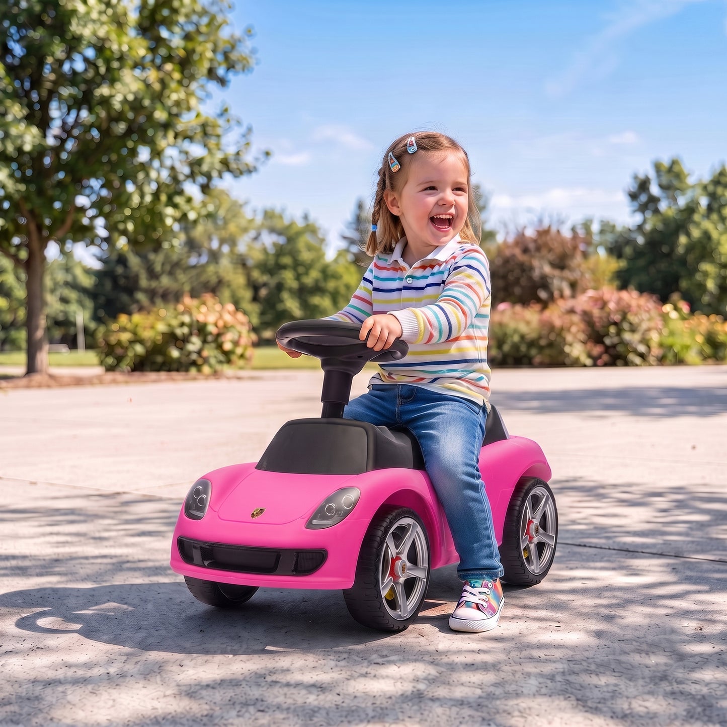 AIYAPLAY Ride on Car, Porsche Licensed Toddler Push Car with Horn, Headlights, Sound and Steering Wheel for 18-36 Months, Pink
