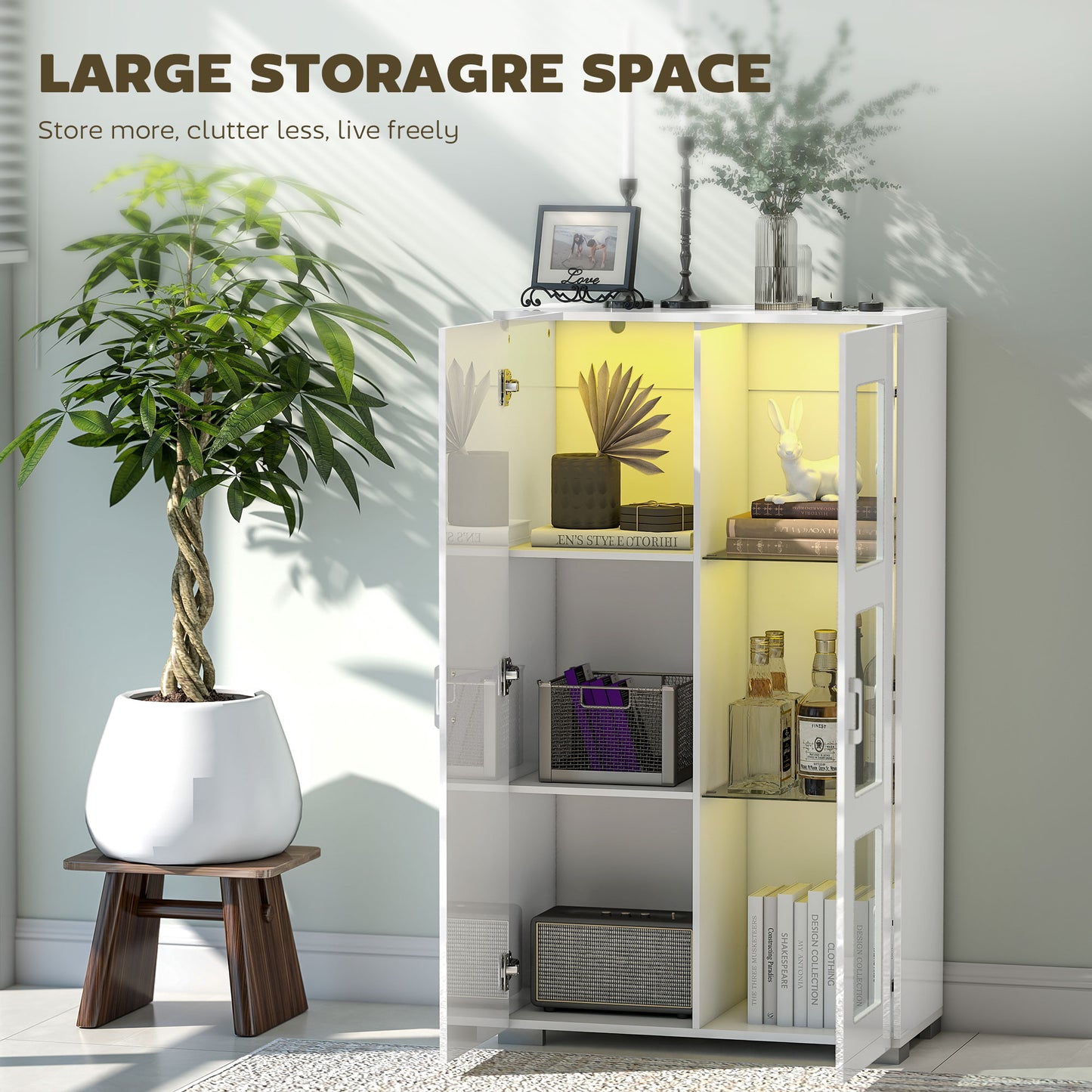 HOMCOM Sideboard, Display Cabinet with 16-Colour RGB LED Lights & Remote, Modern Storage with Glass Doors & Shelves, White