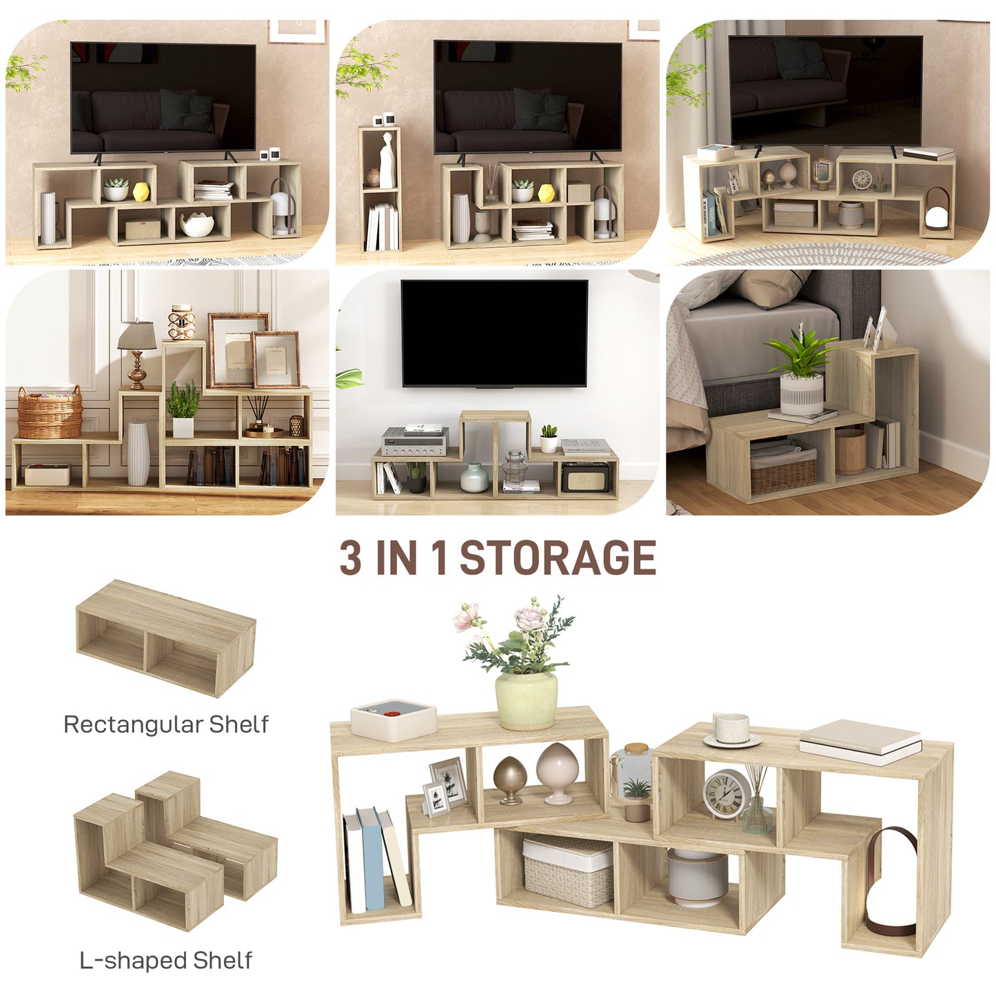 HOMCOM TV Stand for TVs up to 75", Storage Shelves, Extendable Entertainment Unit, Grey Oak