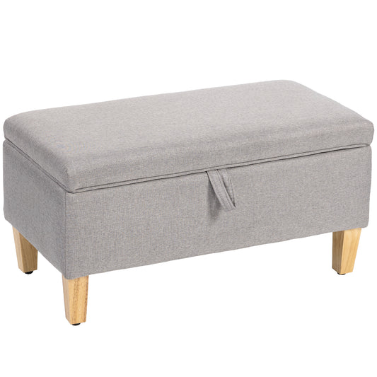 HOMCOM 30L Linen Storage Ottoman Padded Footstool with Rubberwood Legs for Storage Box, Bed End, Shoe Bench, Seating, Light Grey