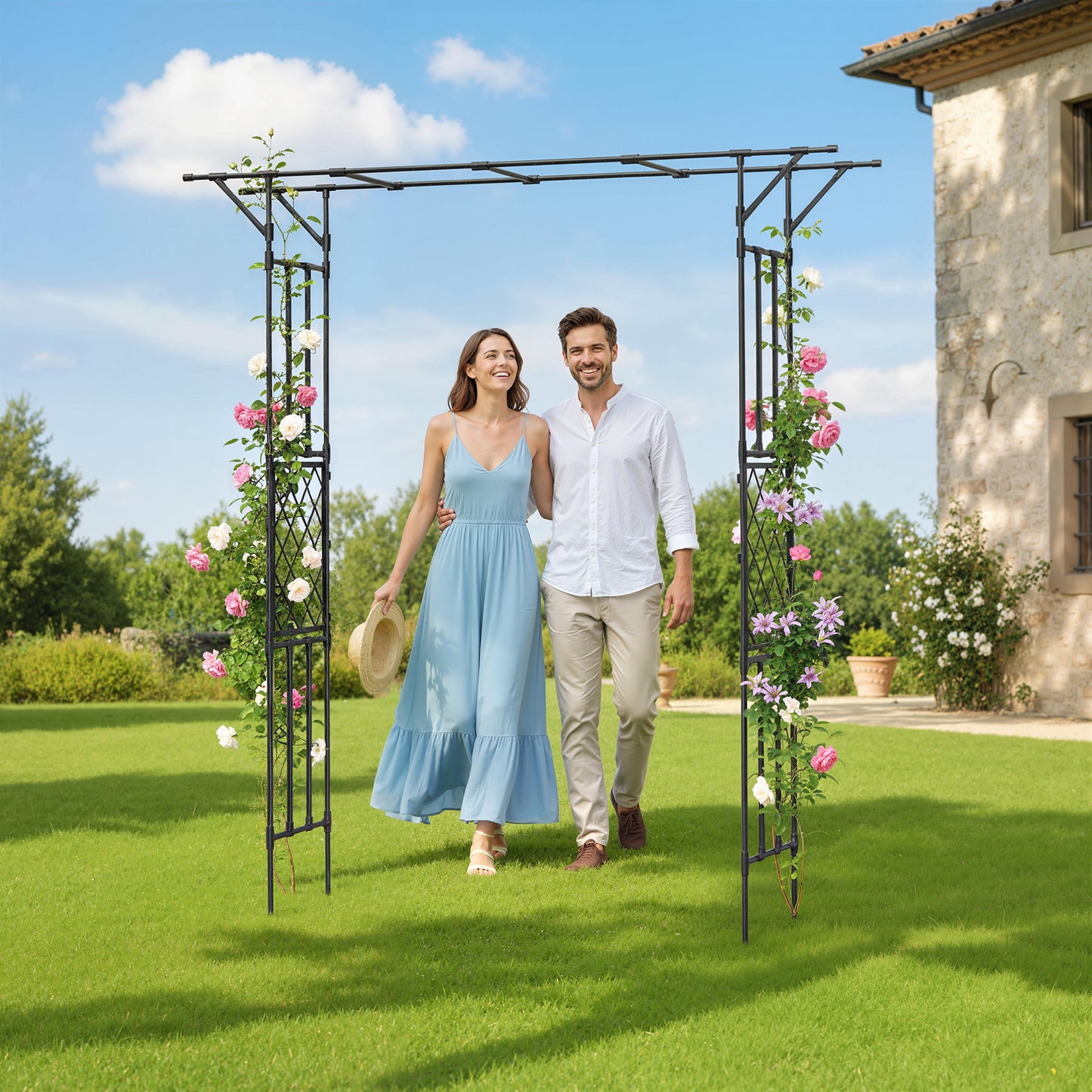 Outsunny Garden Arch, PE-Coated Steel Arbour Trellis for Climbing Plants, Rose Arch, 180 x 40 x 215 cm, Black