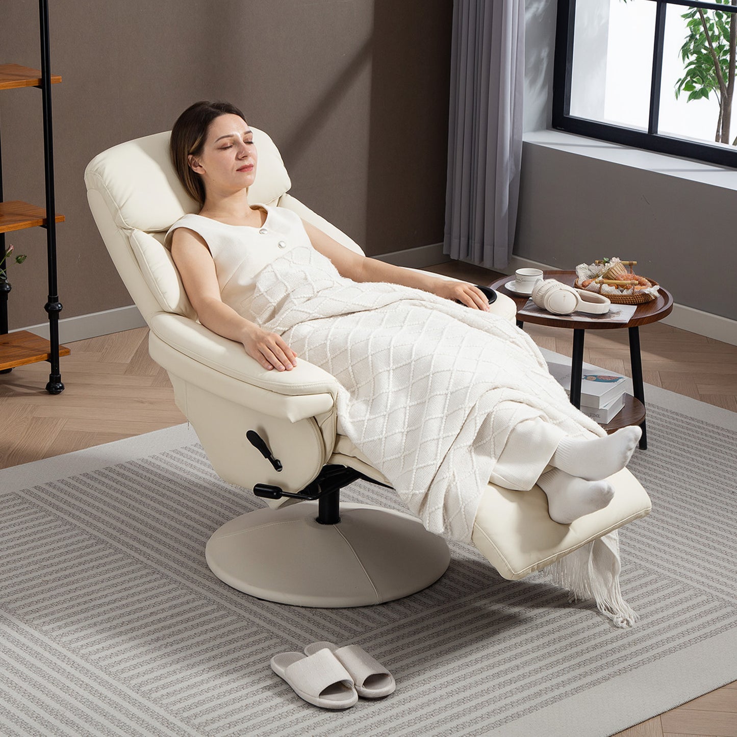 HOMCOM Recliner Chair, Upholstered Armchair with Footrest and Cup Holder, PU Leather Swivel with Adjustable Backrest, Cream White