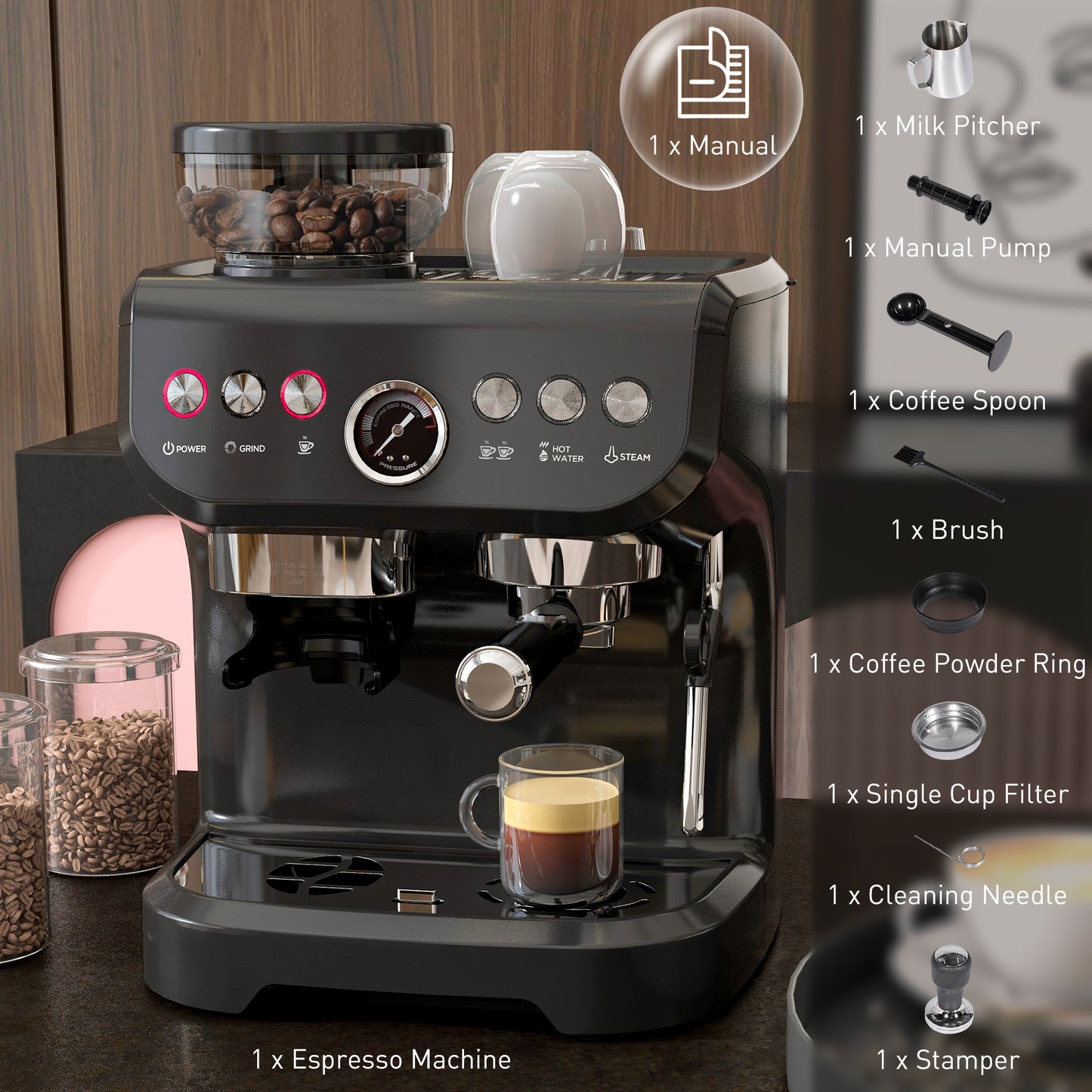 HOMCOM 15 Bar Coffee Machine, with Adjustable Grind, Steamer and Accessories