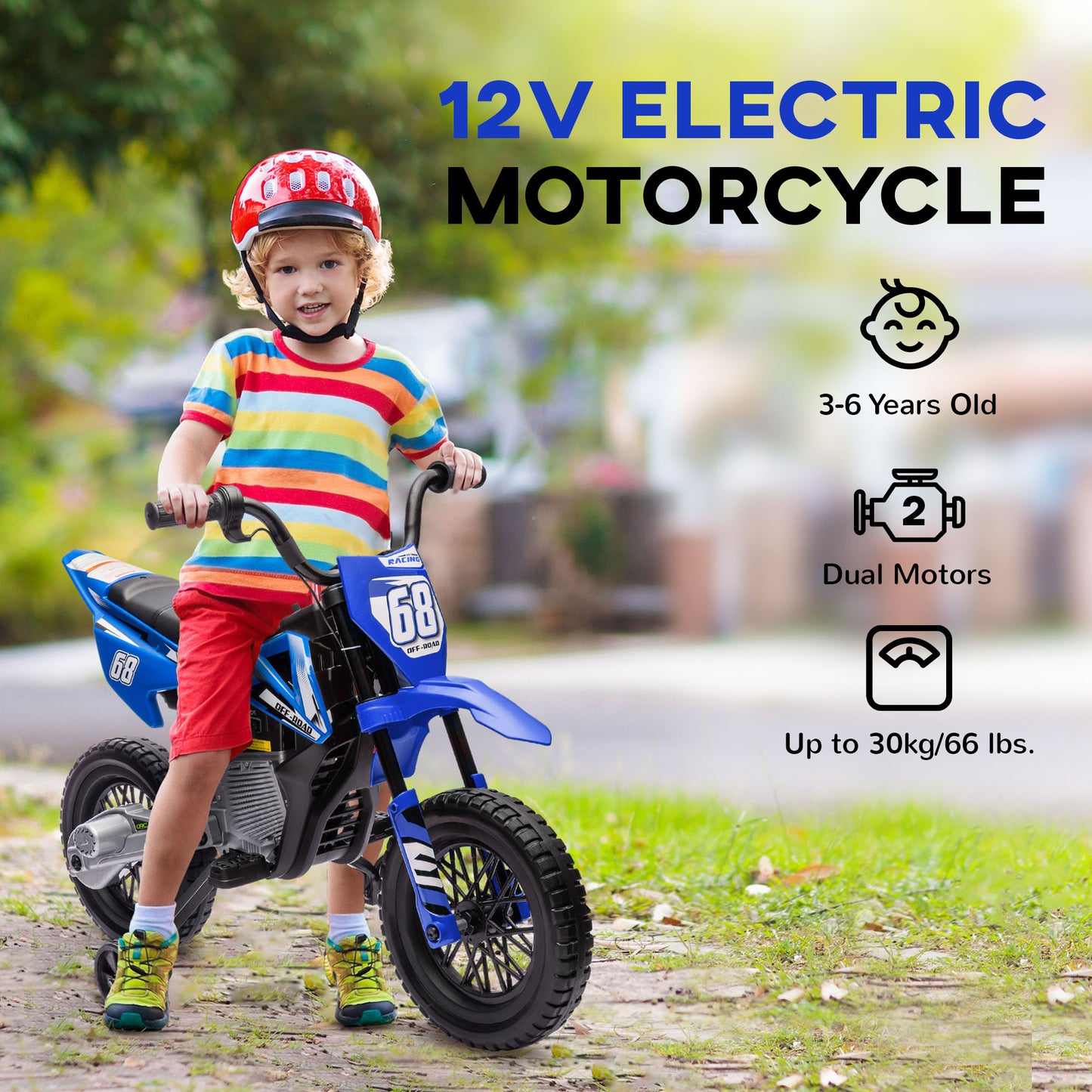AIYAPLAY 12V Kids Electric Motorbike, Kids Electric Ride on Motorcycle w/ Twist Grip Throttle, Training Wheels - Blue