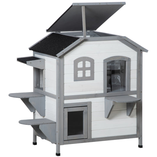 PawHut 2-Story Indoor or Outdoor Cat House W/ Escape Door Cat Shelter White