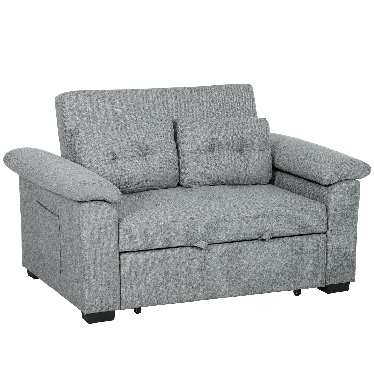 HOMCOM Pull Out Sofa Bed, 2 Seater Click Clack Sofa, Convertible Couch with Pillows & Side Pockets for Living Room, Light Grey