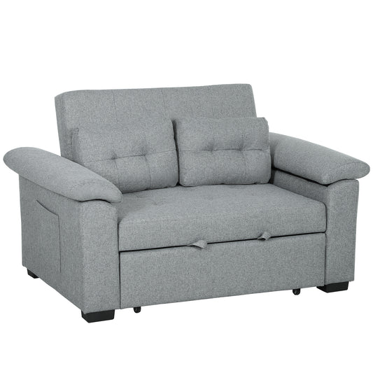 HOMCOM Pull Out Sofa Bed, 2 Seater Click Clack Sofa, Convertible Couch with Pillows & Side Pockets for Living Room, Light Grey