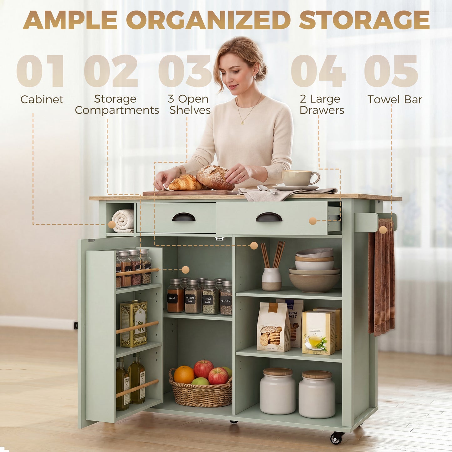 HOMCOM Kitchen Island with Drop Leaf Tabletop Kitchen Island on Wheels Storage Cabinet Shelf Trolley Light Green
