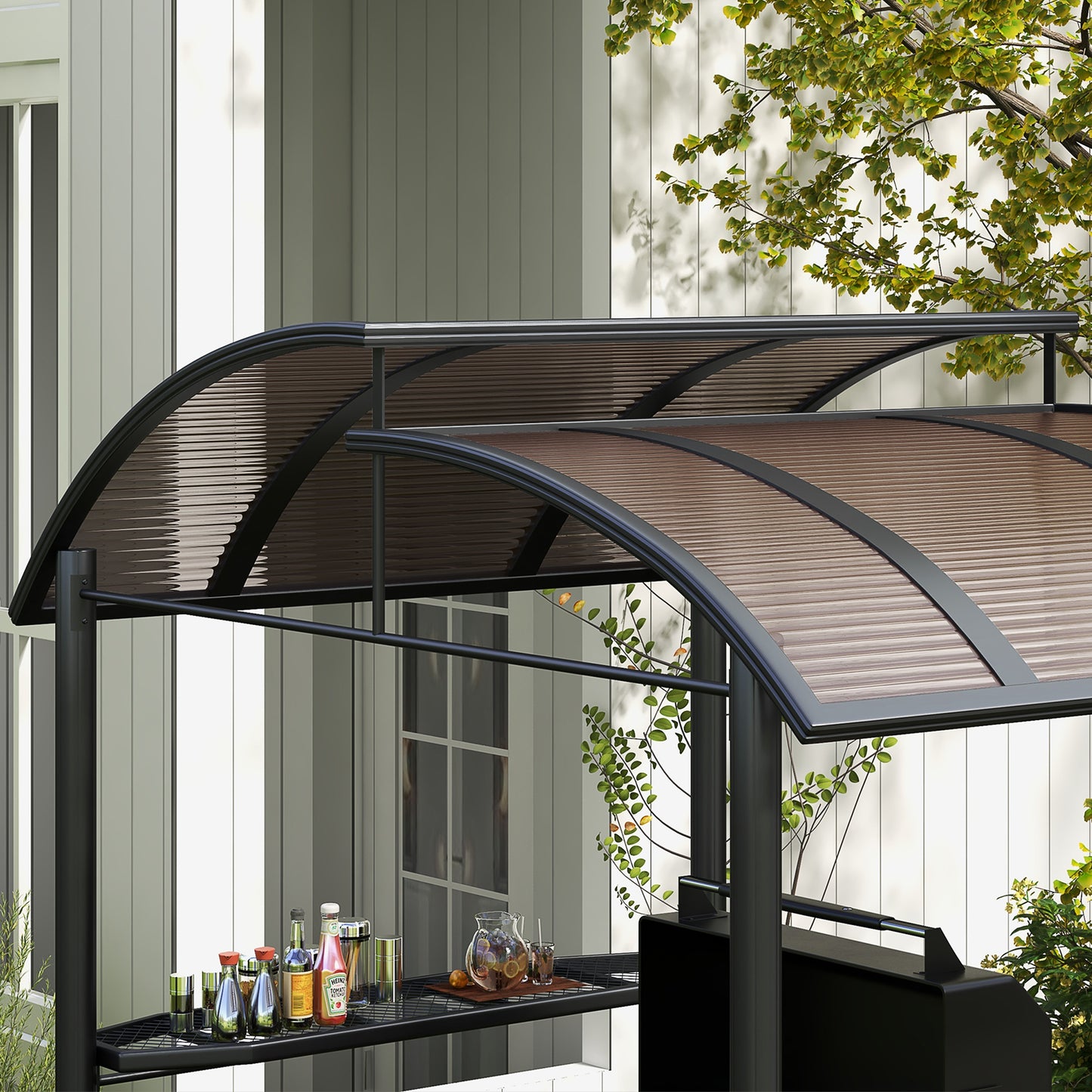 Outsunny 2.4 x 1.5m Outdoor Grill Gazebo with Side Shelves PC Board Roof Dark Grey