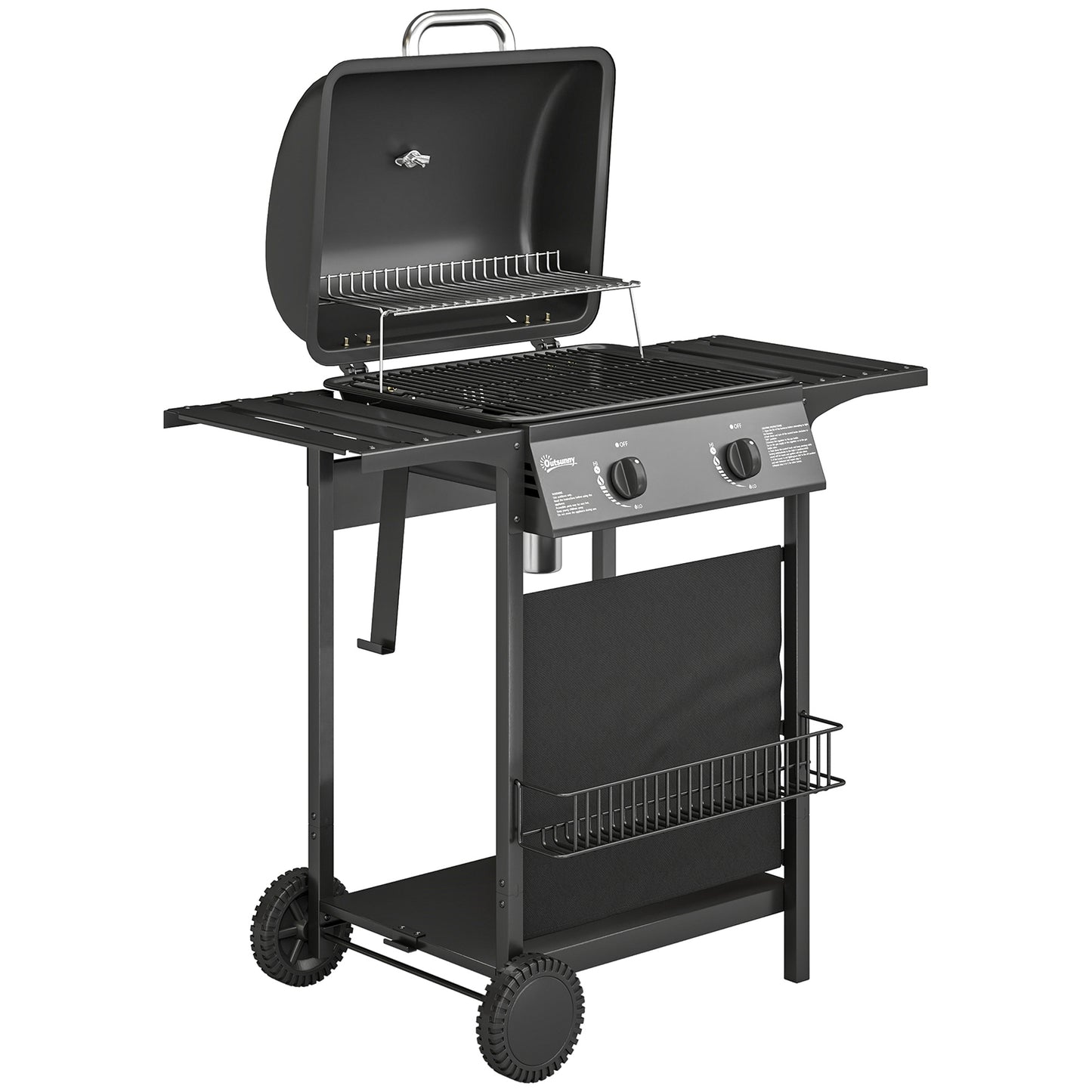 Outsunny Gas Burner Barbecue Grill, 2 Burner Gas Grill with Side Tables, Warming Rack, Shelf, Thermometer, Grease Tray, Black