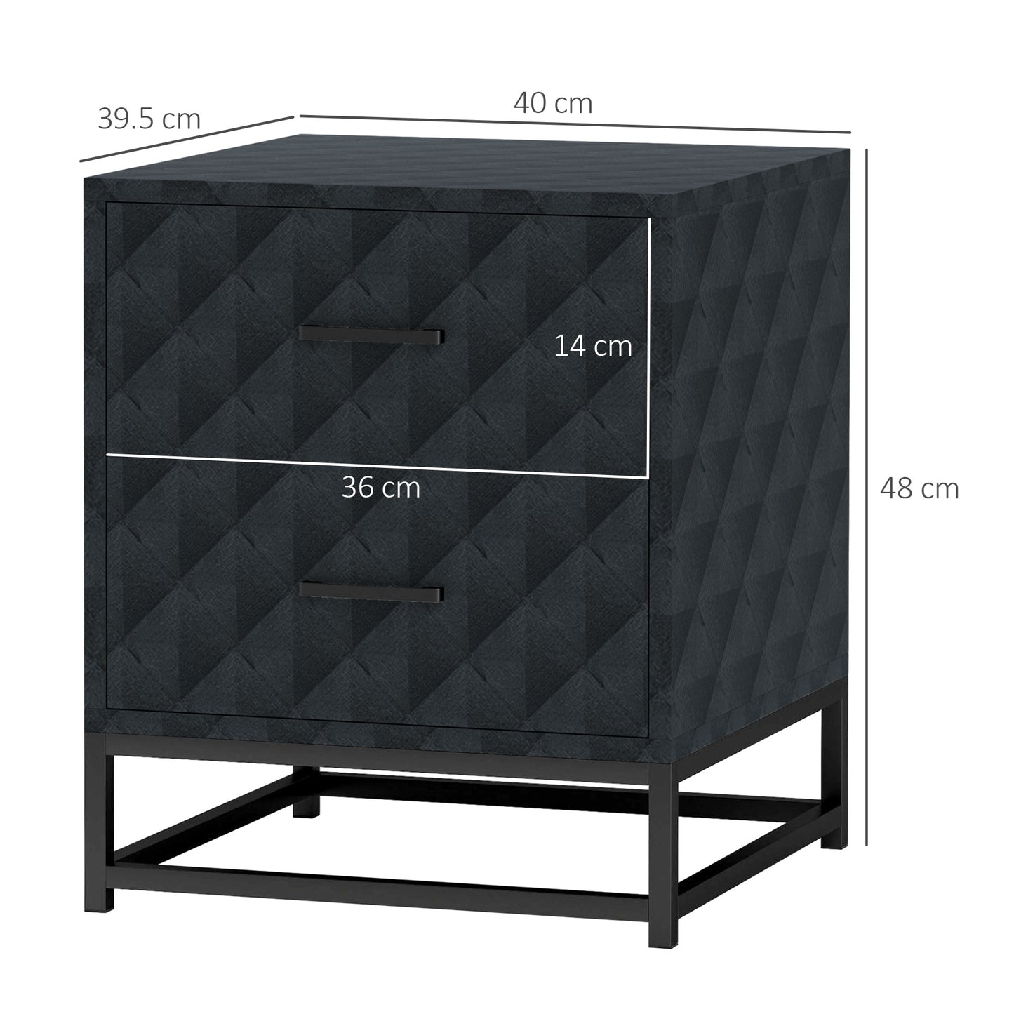 HOMCOM Bedside Tables Set of 2, Modern Nightstand with 2 Drawers, Steel Legs, for Bedroom/Living Room, Black