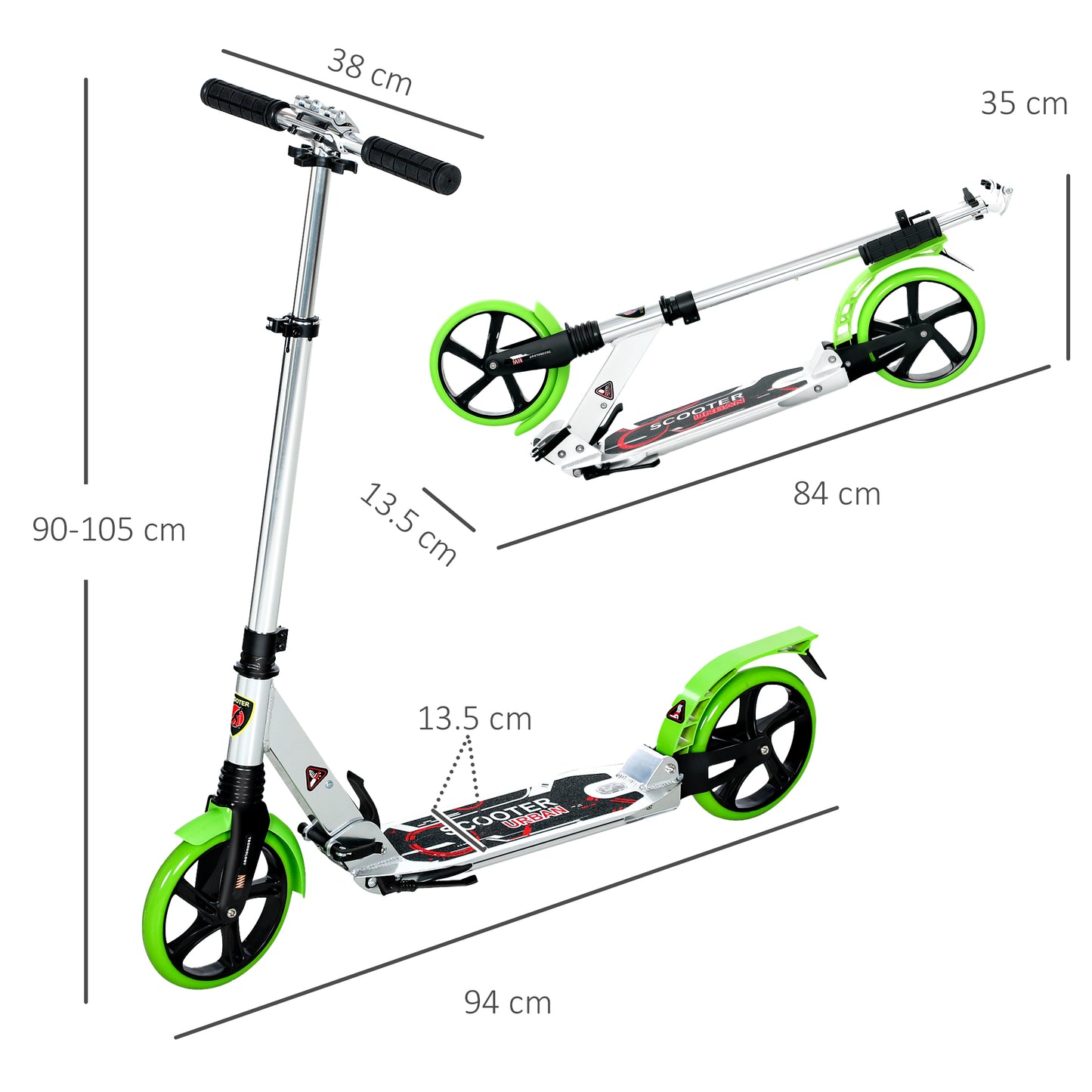 HOMCOM Folding Kick Scooter, Adjustable with 200mm Wheels & Double Shock Absorption, for Teens & Adults 14+, Green