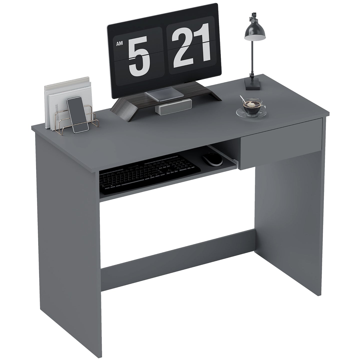 HOMCOM Compact Computer Desk with Keyboard Tray, Home Office Desk with Drawer for Bedroom Study, Grey