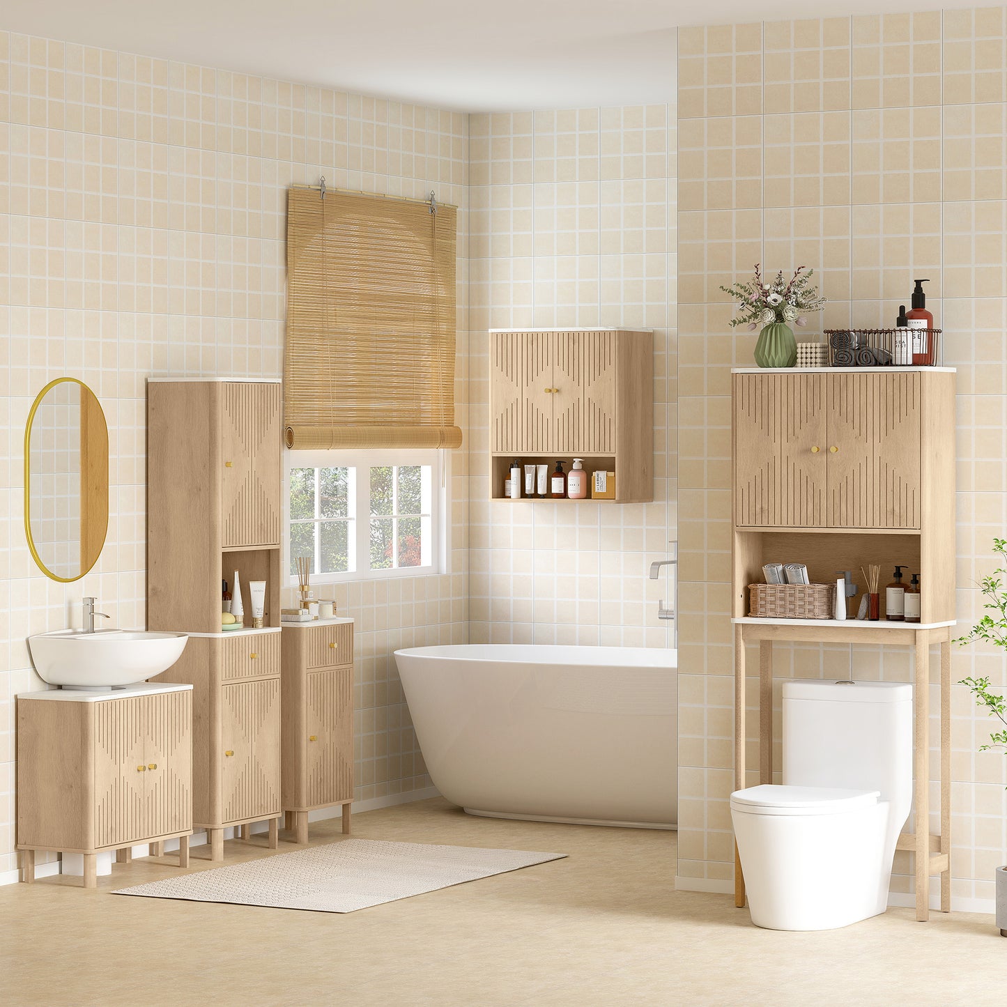 HOMCOM Multi-Storage Groove Door Bathroom Cabinet - Oak