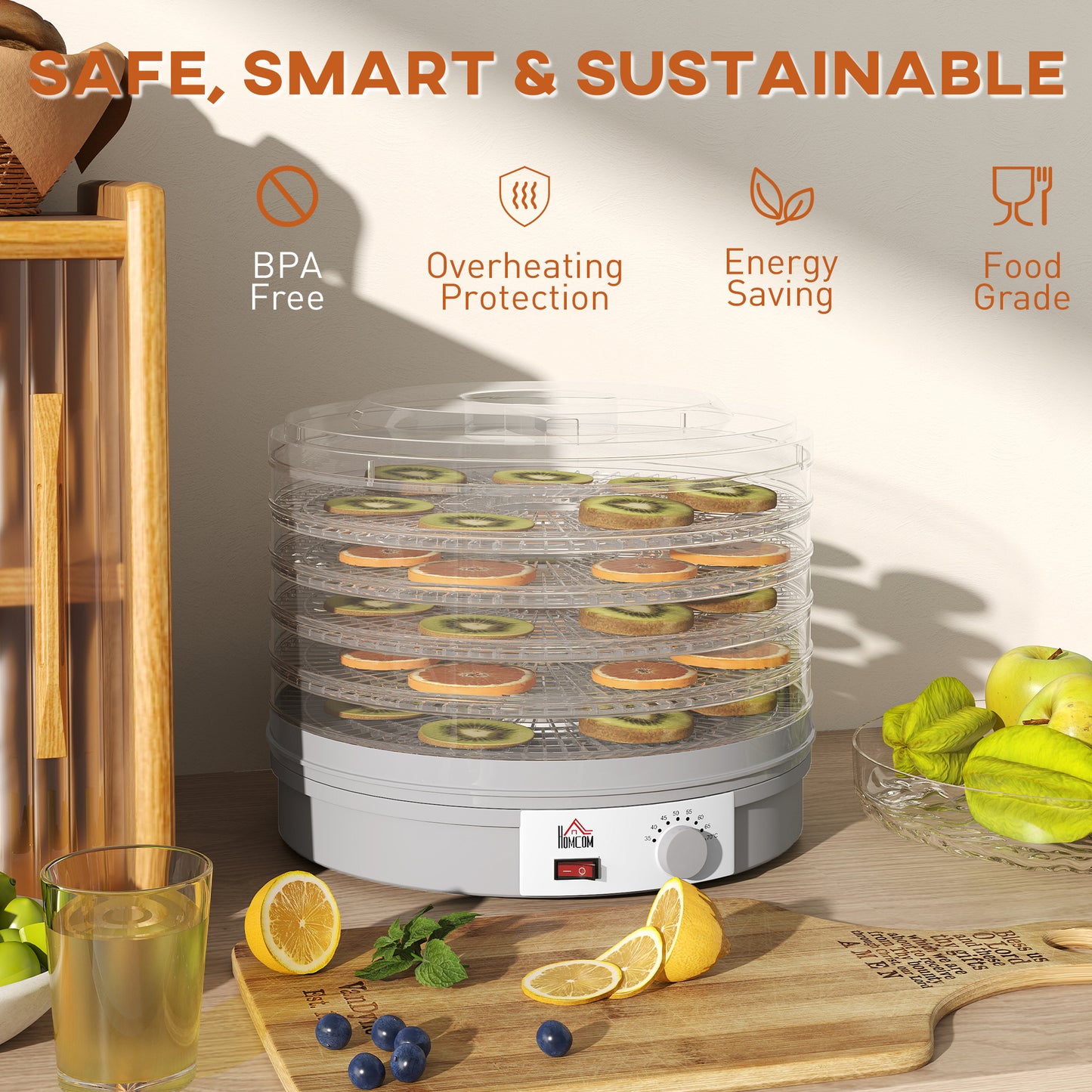 HOMCOM 5 Tier Food Dehydrator, 245W Food Dryer with Adjustable Temperature for Fruit, Meat, Veggies, Jerky, Pet Treats, Grey