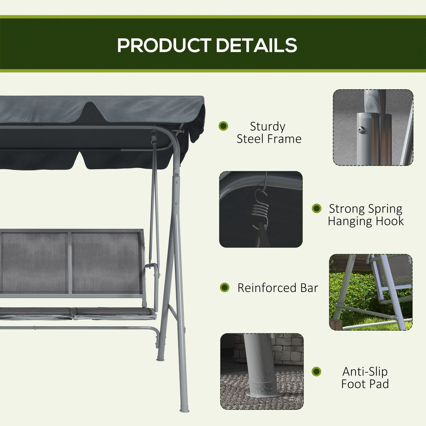 Outsunny 3-Seater Swing Chair Metal Frame Dark Grey
