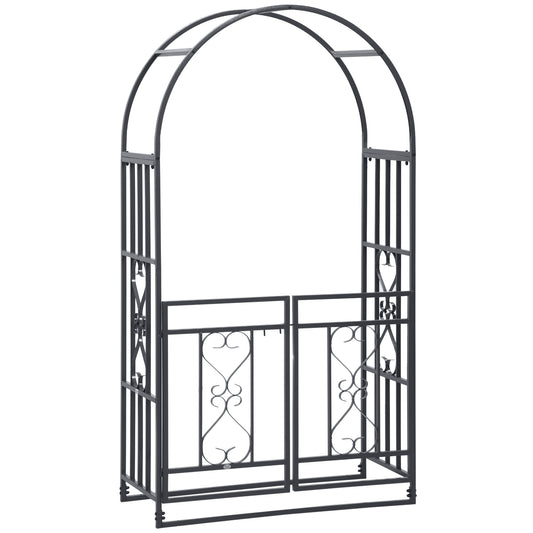Outsunny Metal Garden Arch with Double Gates, Arbor for Climbing Plants & Vines, Wedding Arch, 114L x 50W x 206H cm, Dark Grey