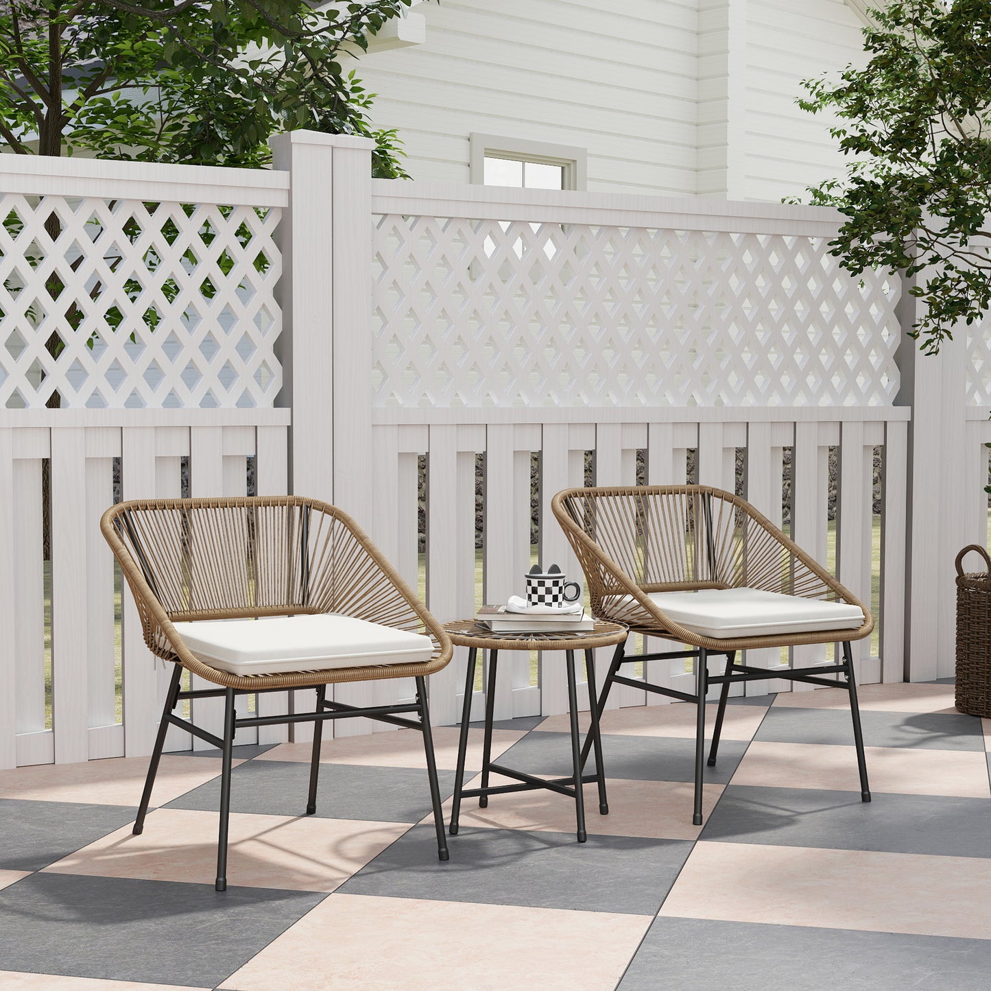 Outsunny 3-Piece Rattan Bistro Set, Garden Table & Chairs with Cushions, Glass Top for Patio/Balcony