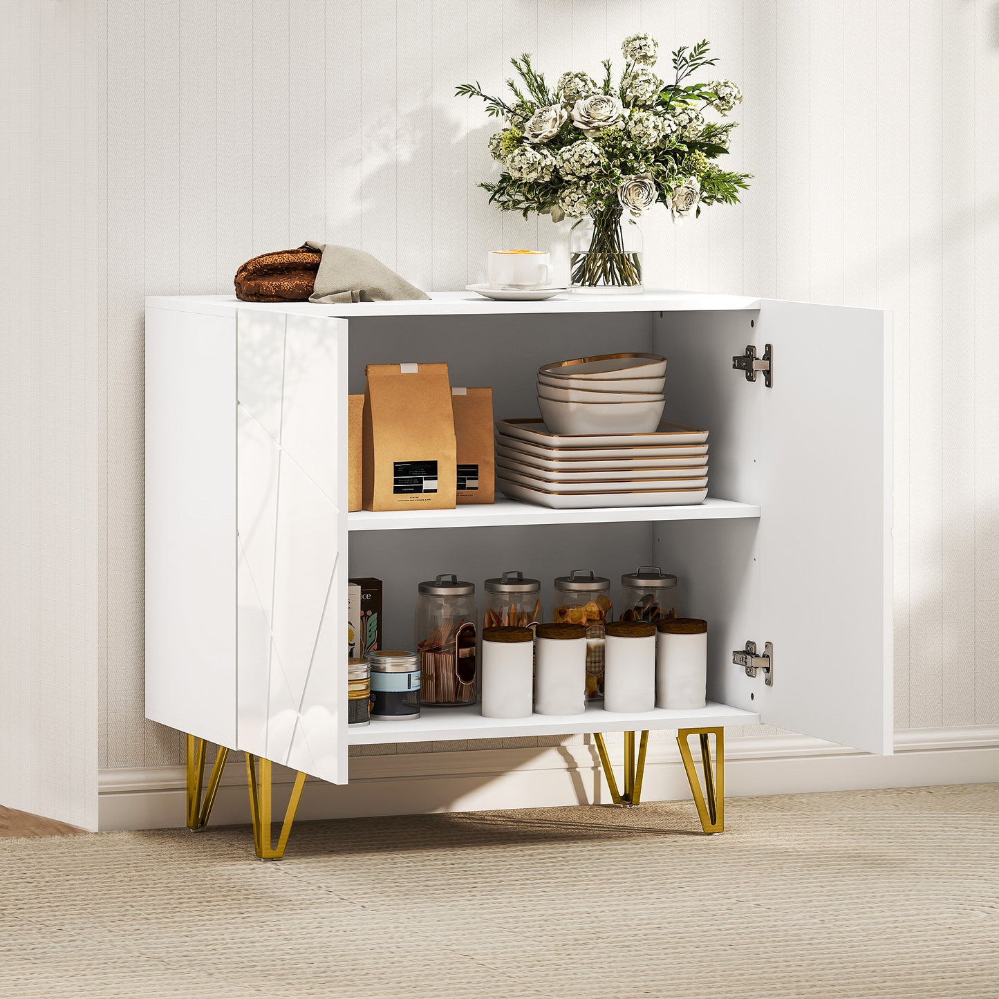HOMCOM Modern Luxe High Gloss Sideboard, with Hairpin Legs - White