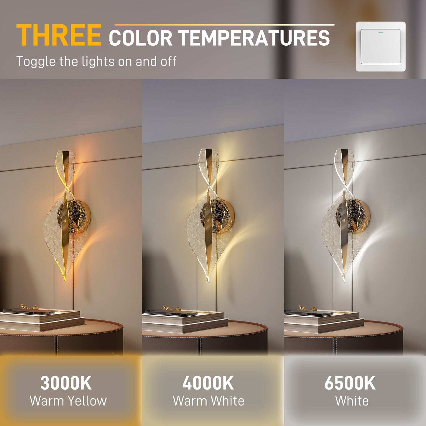 HOMCOM LED Wall Lamp 2 Pack, 13W Modern Spiral Light, Adjustable Colour Temp 3000K/4000K/6500K, for Bedroom, Living Room, Hallway, Stairs, Gold Tone