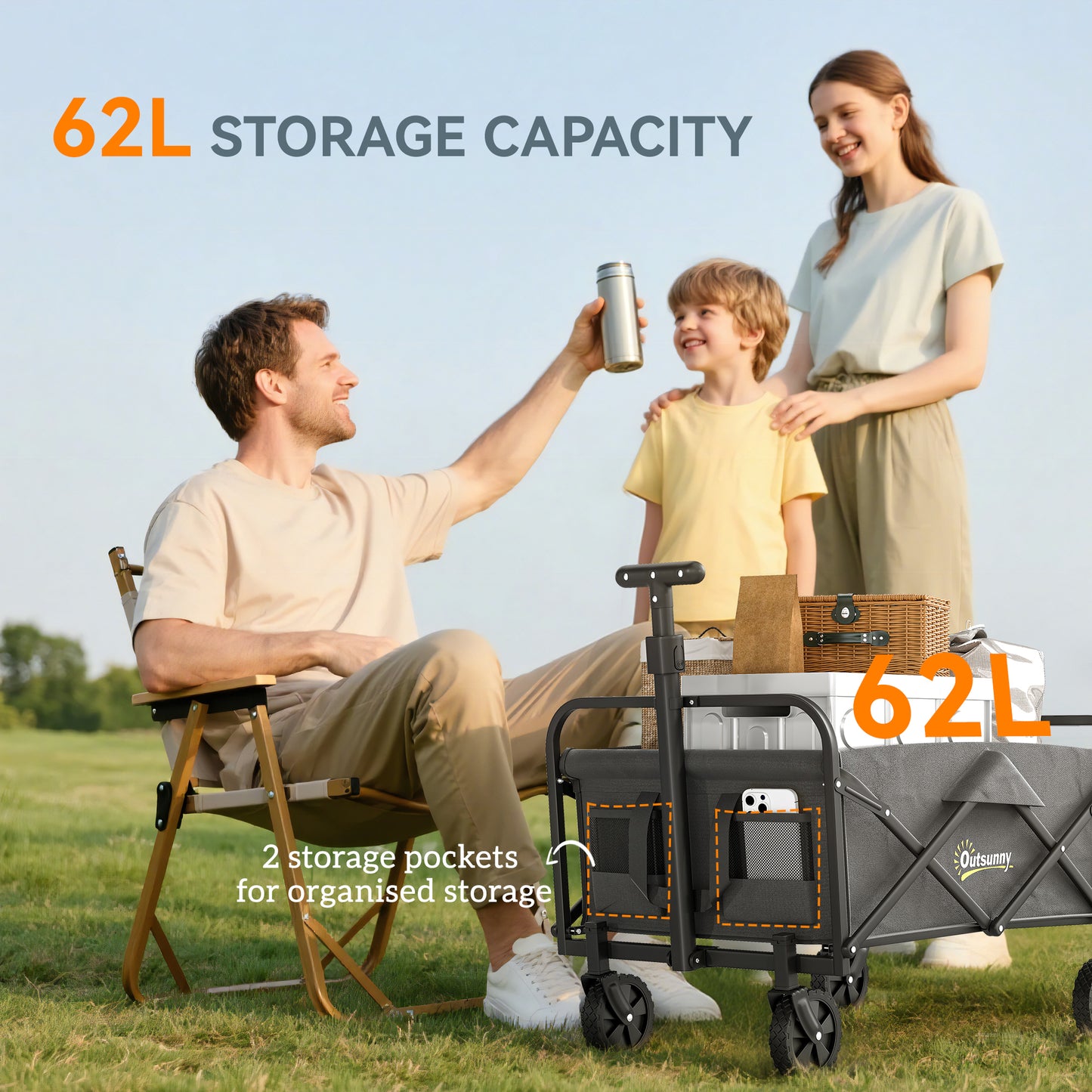Outsunny Festival Trolley, 62L Heavy Duty Folding Wagon, 120kg Capacity with Adjustable Handle and Carry Bag for Beach/Camping, Grey
