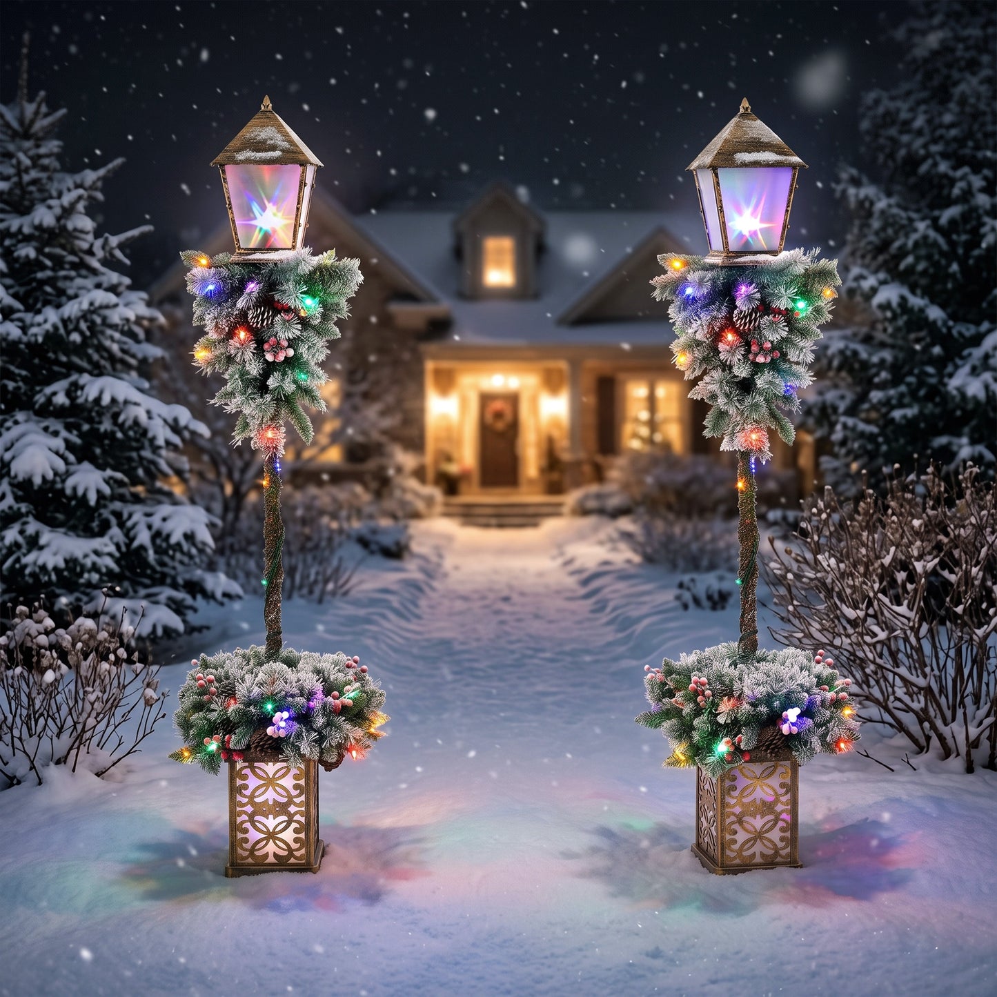 Outsunny Christmas Street Lamp, Outdoor Lighted Christmas Lamp Post with LED Lights, Snow Flocked Tips, Red Berries, Pine Cones