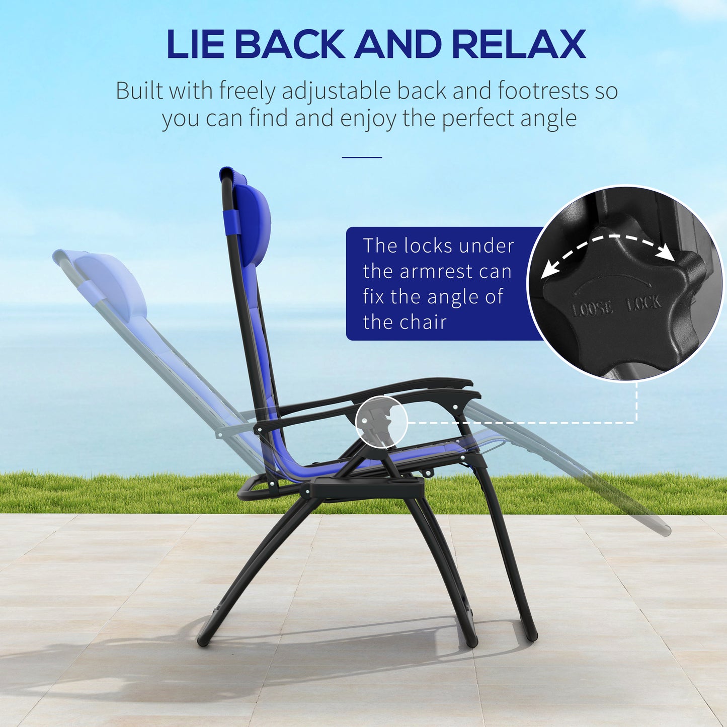 Outsunny Foldable Reclining Garden Chairs, Set of 2, Zero Gravity, Padded Seat, Cup Holder, Blue