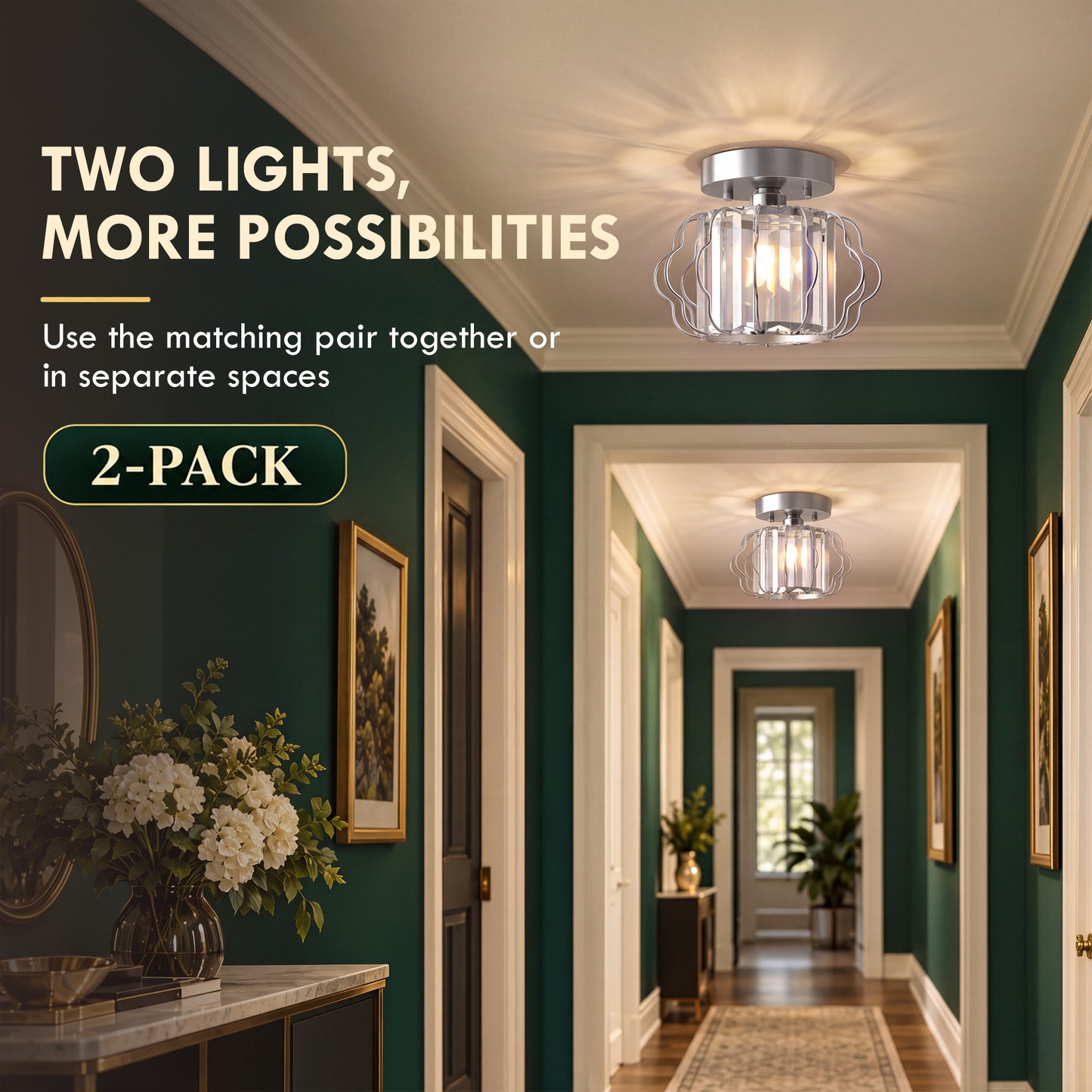 HOMCOM Crystal Ceiling Light Fixtures, Modern Semi-Flush Ceiling Lighting with Crystal Strips, 2 Pack, Silver Tone