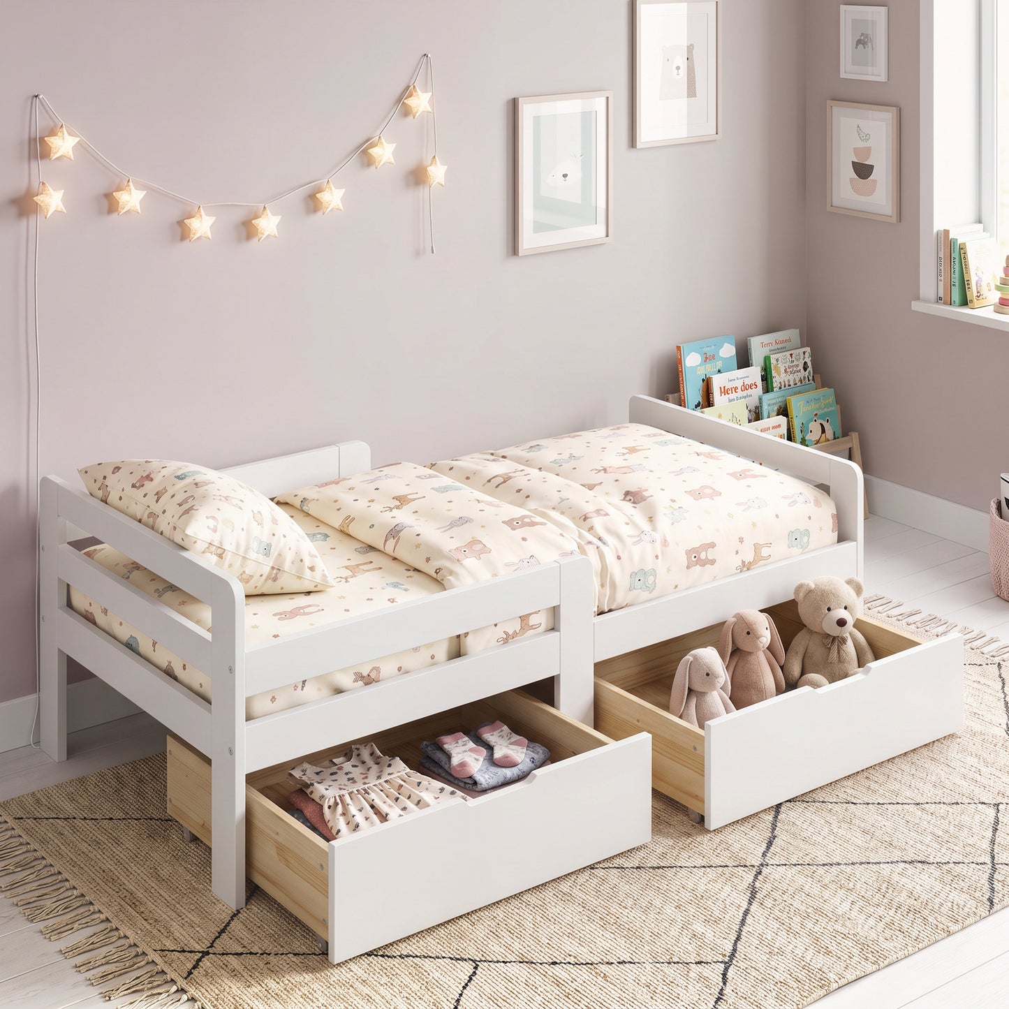 AIYAPLAY Wooden Kids Bed Frame with 2 Storage Drawers and Guard Rails for Ages 4-14, 144 x 76 x 57 cm (No Mattress), White