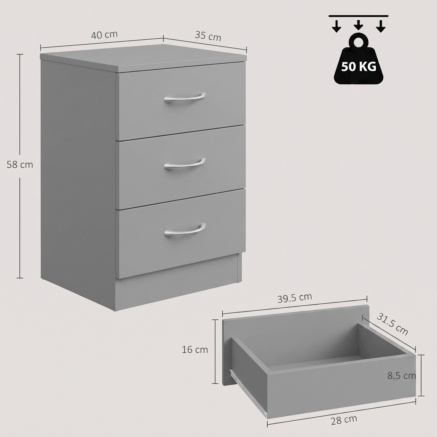 HOMCOM Three-Drawer Simple Bedside Table - Grey