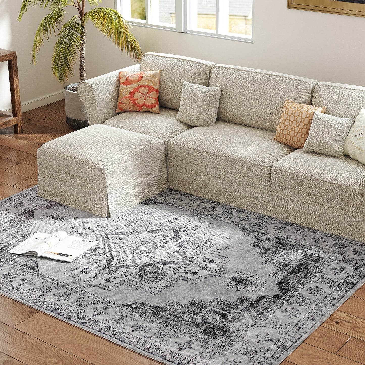 HOMCOM Vintage Area Rug, Floral Pattern, Non-Slip, Washable Flannel Carpet for Living Room, Bedroom, Dining Room, Home Office, 230x160 cm, Grey