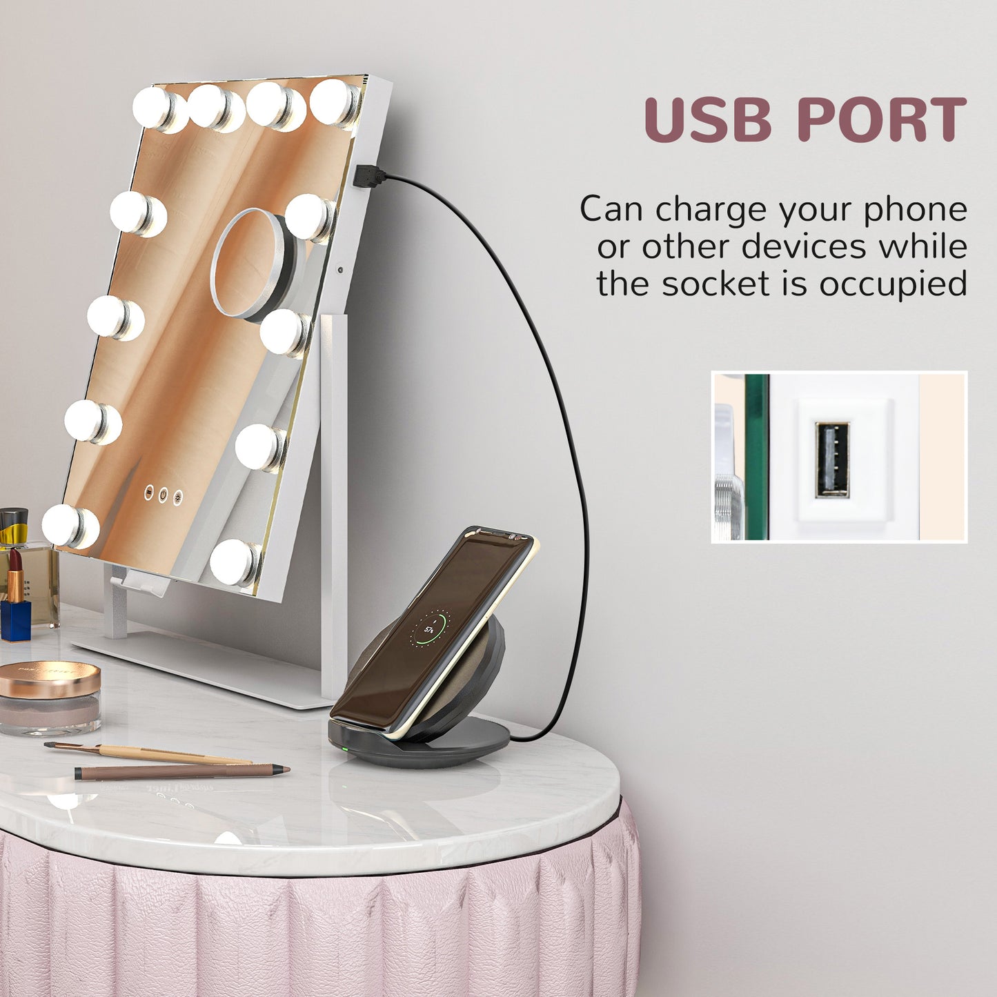 HOMCOM 37x46cm Hollywood Vanity Mirror, 12 LED Bulbs, 3 Colours, USB Port, Touch Screen