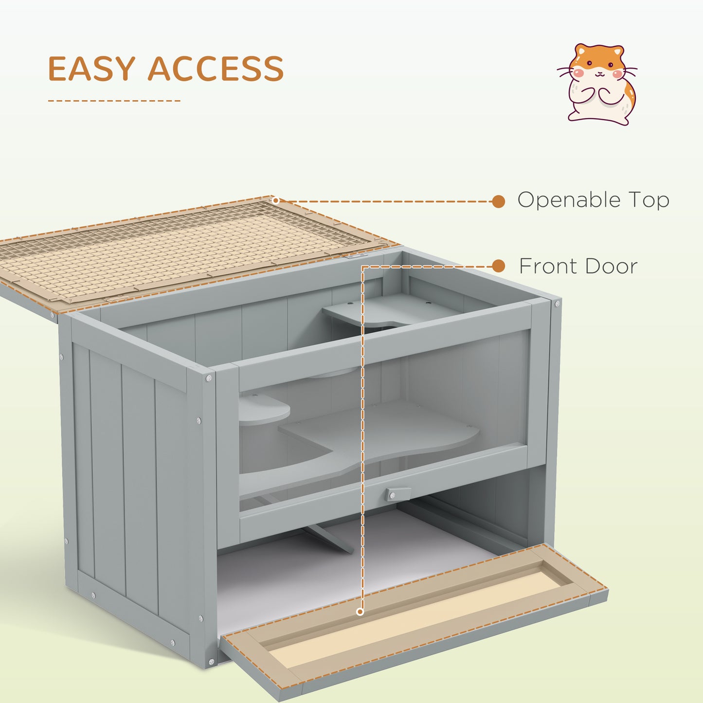 PawHut Wooden Hamster Cage Mouse Mice Rodent Small Animals Hutch Exercise Play House 60 x 35 x 42cm, Grey