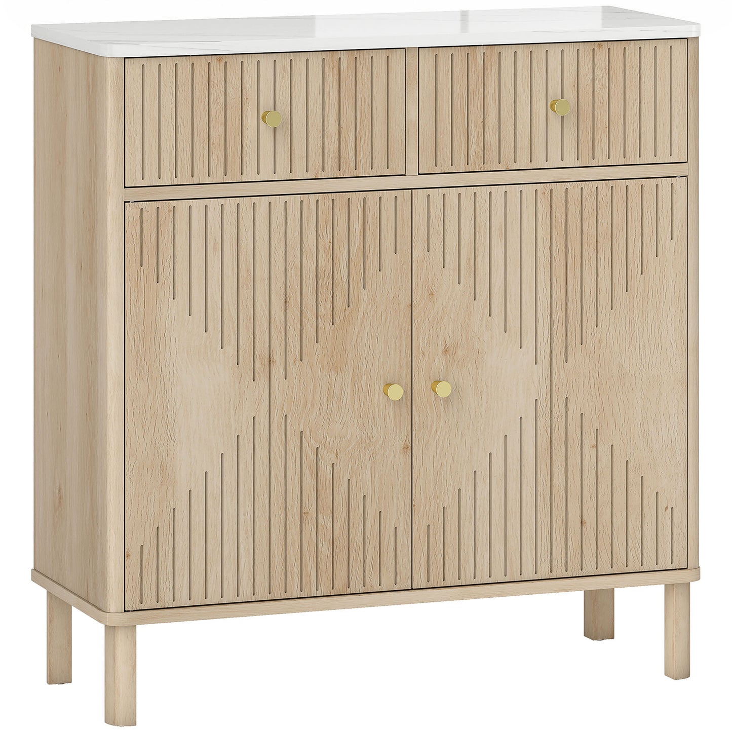 HOMCOM Sideboard Storage Cabinet, Fluted Kitchen Cupboard with Marble-Effect Top, 2 Drawers, 2 Doors and Adjustable Shelf, Oak