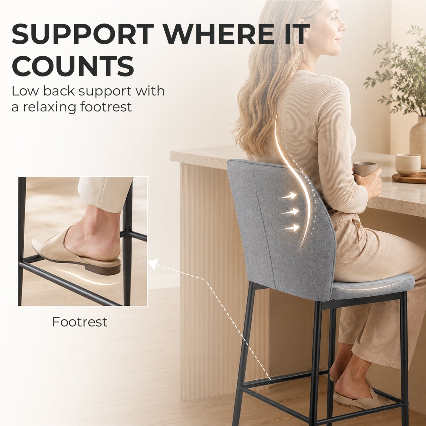 HOMCOM Modern Tall Chairs, Set of 2 Velvet Bar Stools with Footrest and Backrest, Kitchen & Living Room Stools, Grey