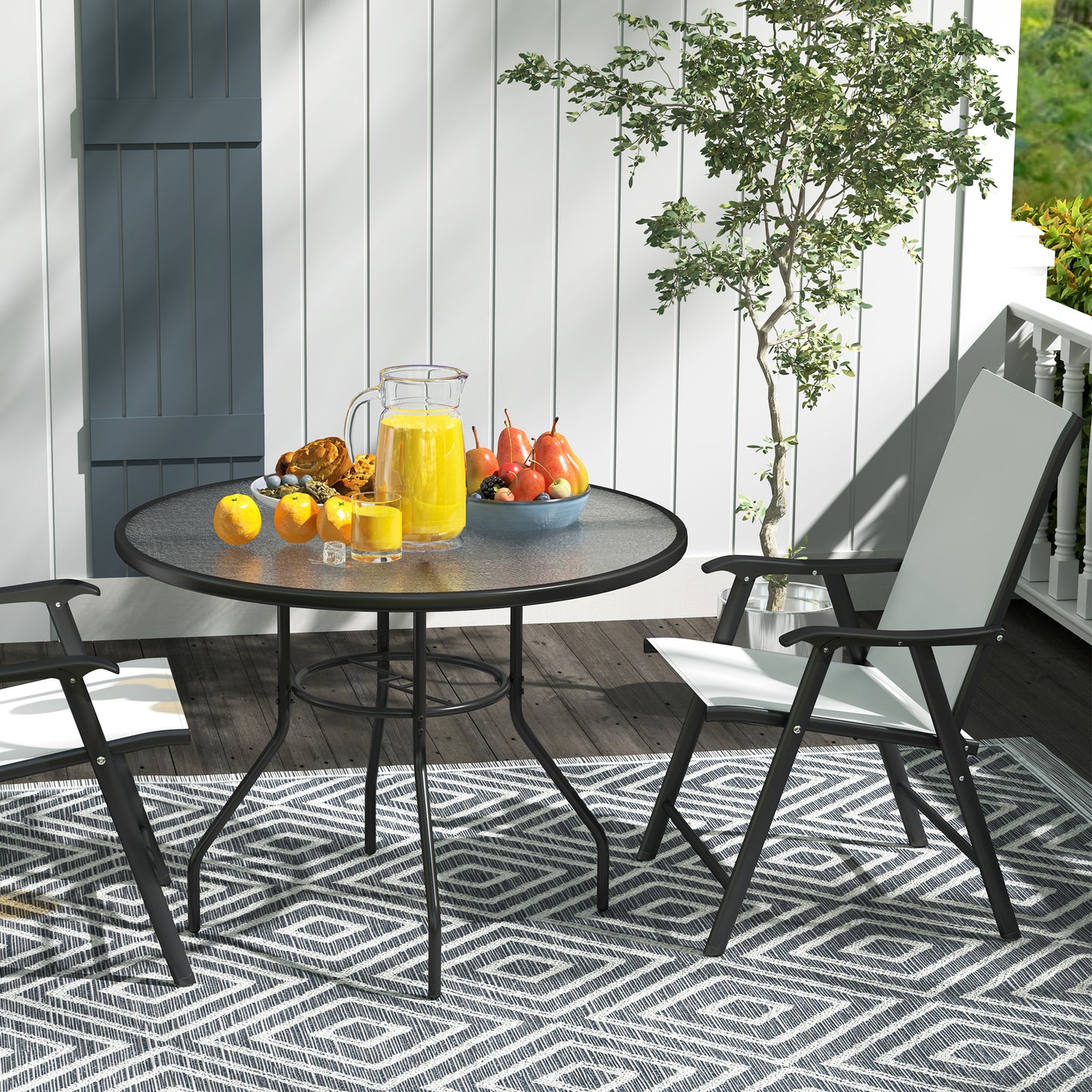 Outsunny 100 cm Round Dining Table with Parasol Hole, Outdoor Coffee End Side Table with Tempered Glass Top, Steel Frame for Garden, Black