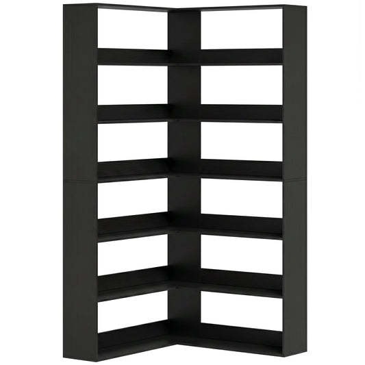 HOMCOM 7 Tiers Bookshelf, L-Shaped Corner Bookcase with Anti-Slip Rear Guard, Black Wood Effect