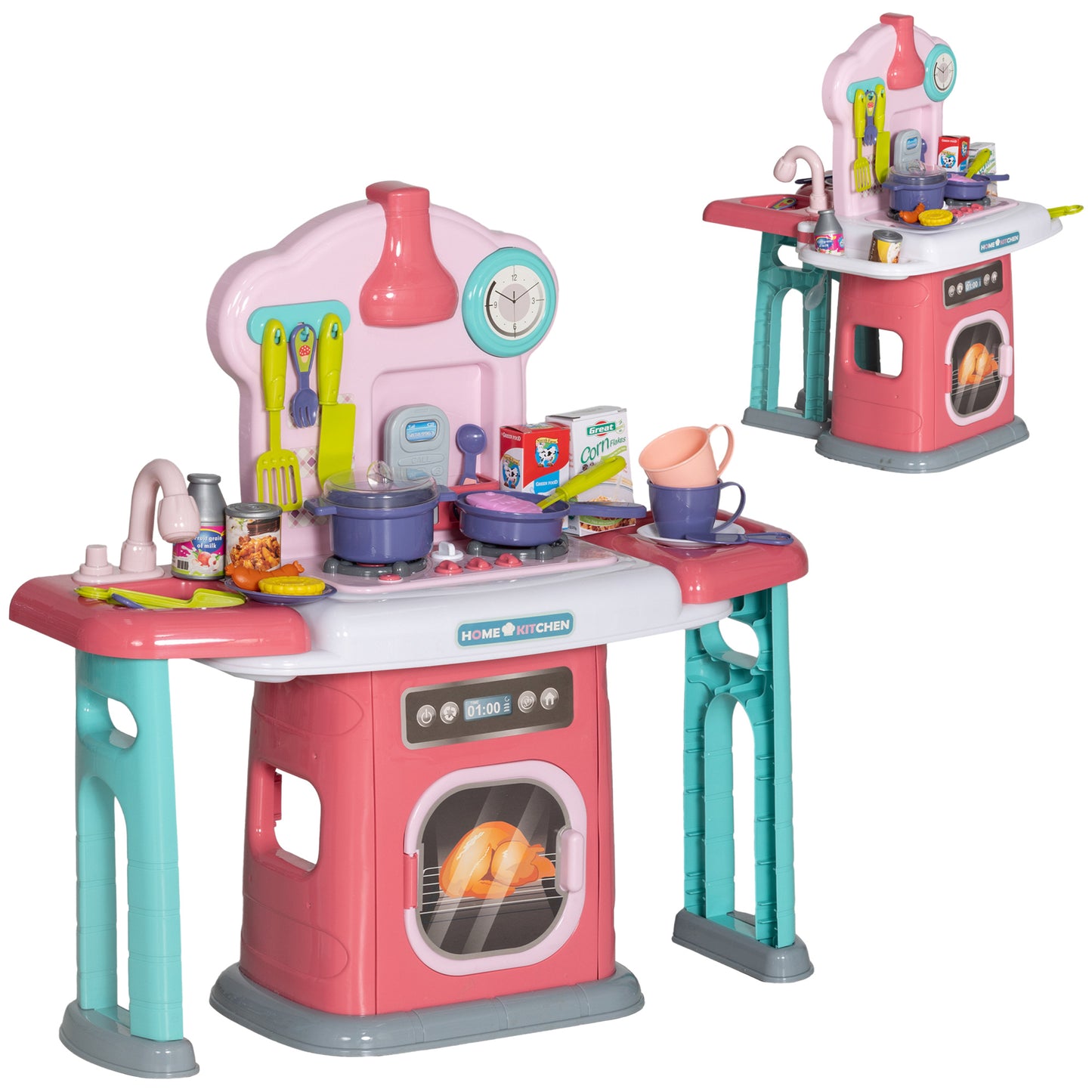 AIYAPLAY Toy Kitchen 45 Pieces Kids Kitchen with Rotating Side Tables for Children 3-6 Years Pink