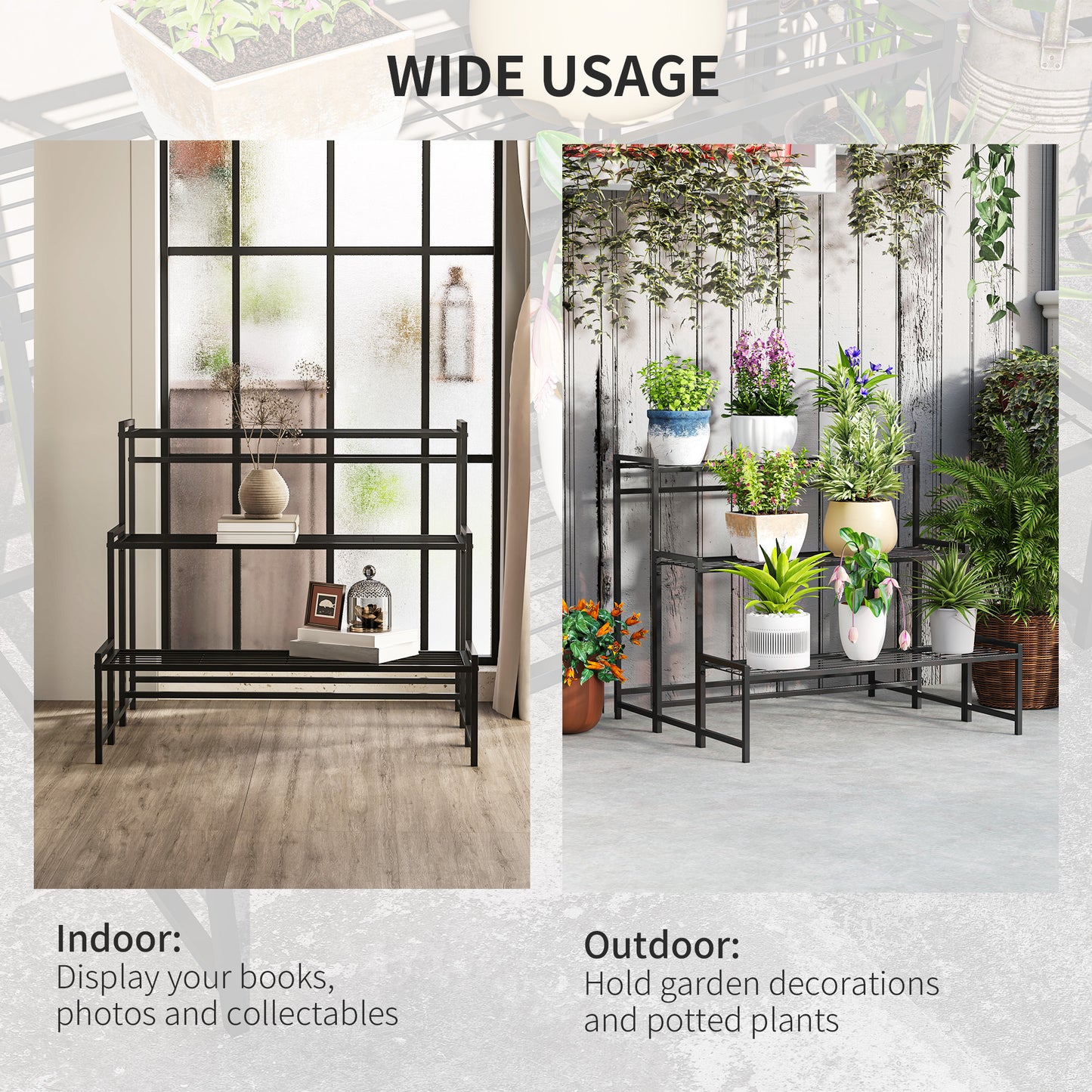 Outsunny 3-Tier Metal Plant Stand, Modern Ladder Shelf Flower Pot Holder for Indoor Outdoor, Display Shelf Rack for Garden Patio Balcony, Black