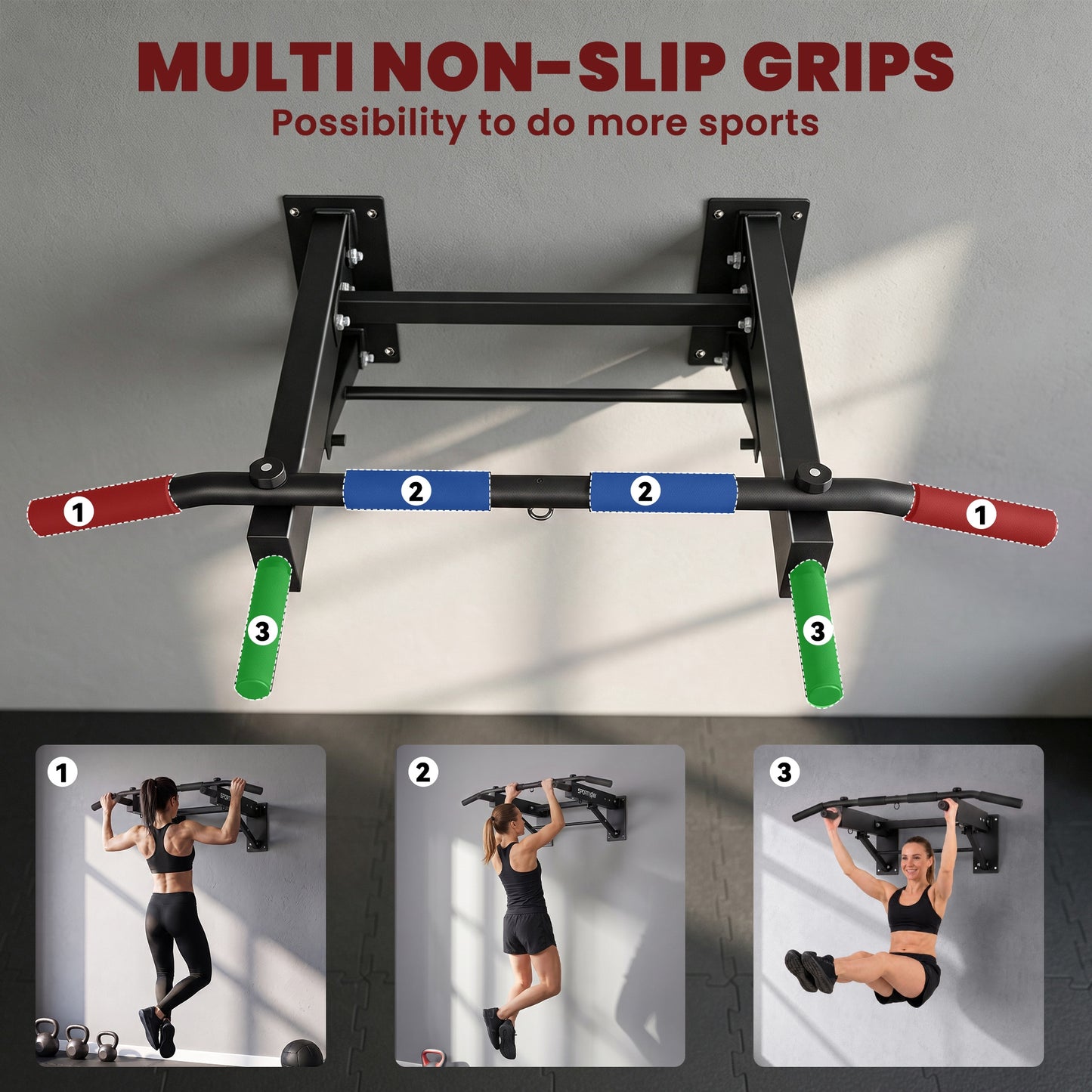 SPORTNOW Pull Up Bar Wall Mounted Chin Up Bar with Folding Design, 3 Hooks for Resistance Bands, Supports up to 120 kg, Black