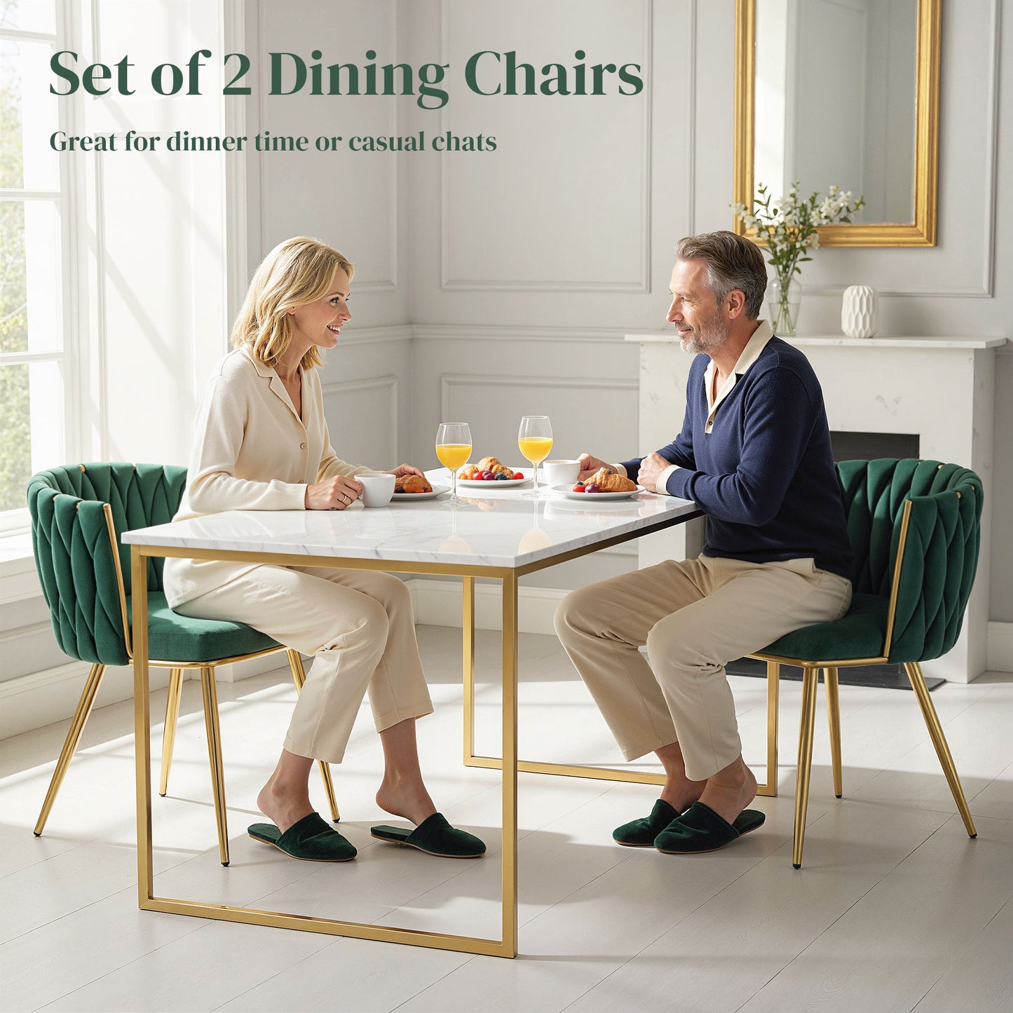 HOMCOM Velvet Dining Chairs Set of 2 with Metal Legs Green