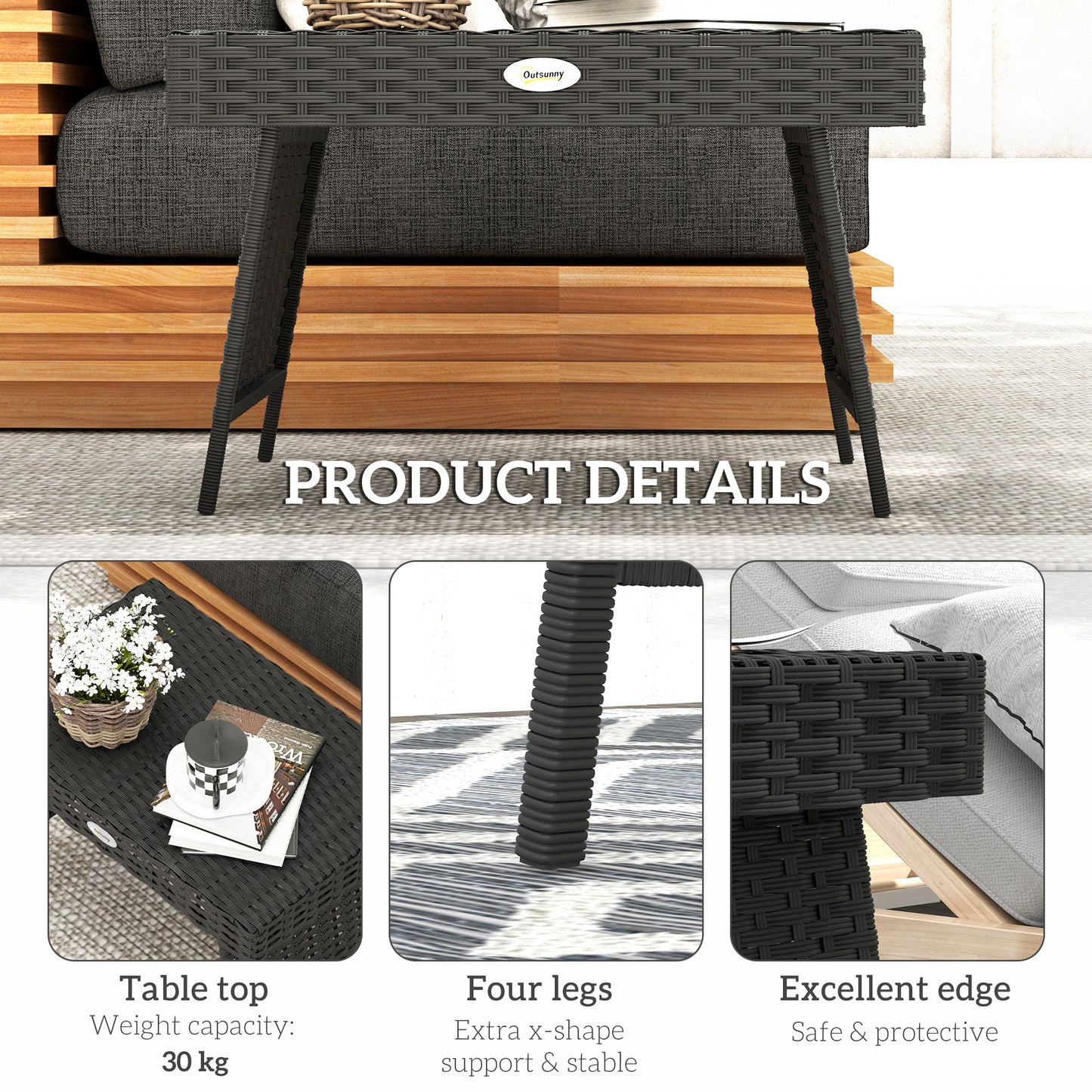 Outsunny Foldable Rattan Garden Coffee Table, Steel Frame, Space-Saving Patio/Balcony Furniture, 60x41x41 cm, Black