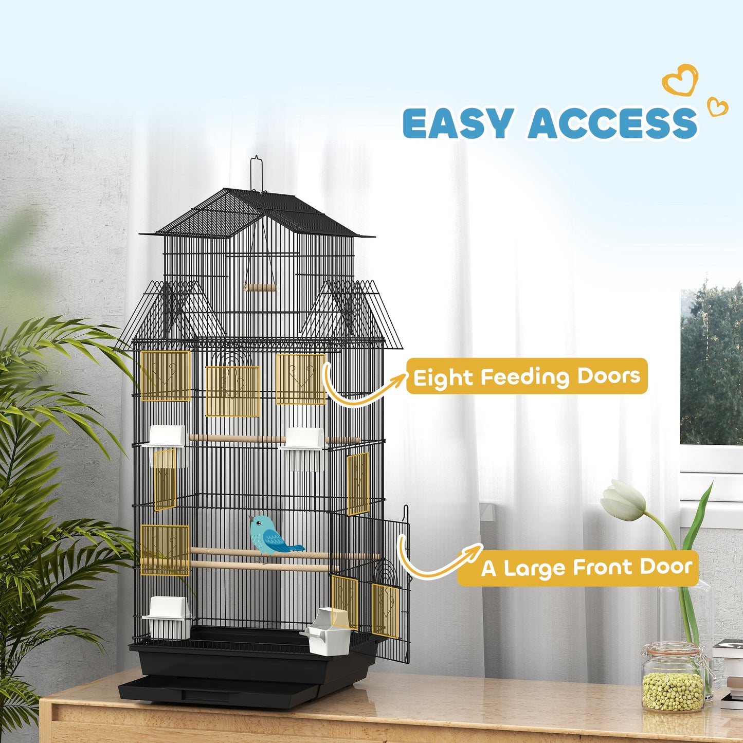 PawHut Metal Bird Cage with Plastic Swing, Perch, Food Container, Tray, Handle, for Finches, Canaries, 43 x 32.5 x 104cm