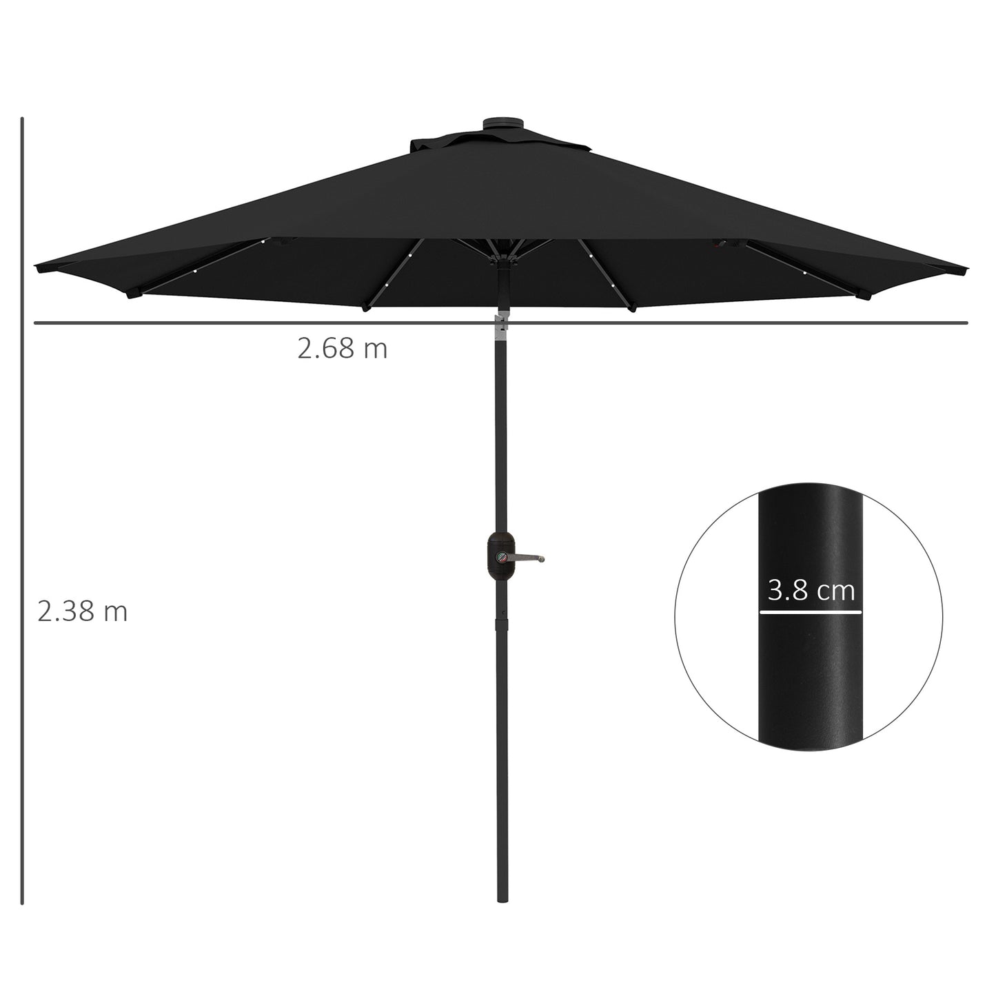 Outsunny 2.7m Outdoor Patio Garden Umbrella Parasol with Tilt Crank and 24 LEDs Lights Black