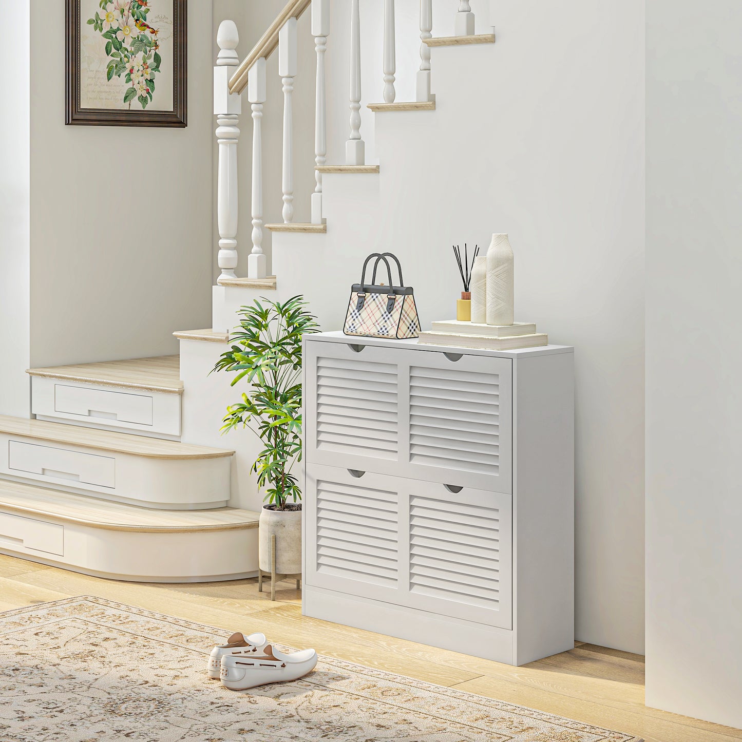 HOMCOM Entryway Shoe Cabinet, 2 Flip Drawers, Louvred Door, Adjustable Shelves for 16 Pairs, 2 Drawers, White